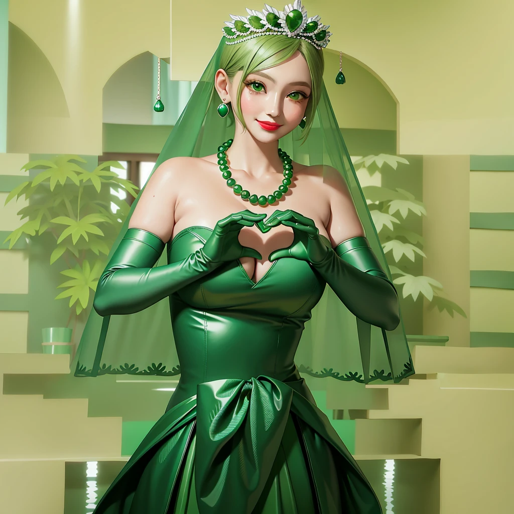 Emerald tiara, Green Pearl Necklace, Boyish very short green hair, Green Lips, Smiling Japanese woman, Very short hair, Busty beautiful lady, Green Eyes, Green satin long gloves, Green Eyes, Emerald Earrings, Green veil, Heart with both hands, Green Hair, Beautiful Japanese Woman, Heart shaped hands:1.3, green lip gloss