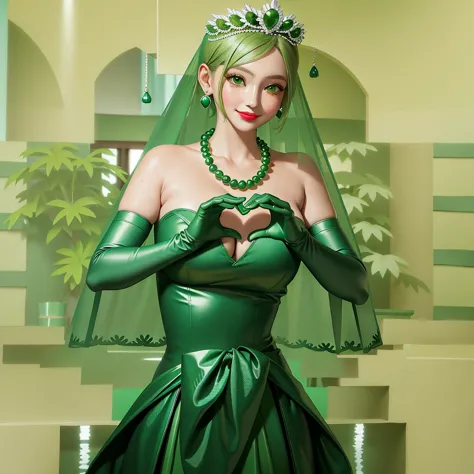 Emerald tiara, Green Pearl Necklace, ボーイッシュな非常に短いGreen Hair, Green Lips, Smiling Japanese woman, Very short hair, Busty beautifu...