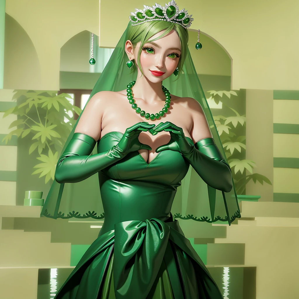 翡翠头饰, 绿珍珠项链, ボーイッシュな非常に短い绿色头发, 绿色嘴唇, 面带微笑的日本女人, 很短的头发, 丰满美丽的女士, 绿眼睛, 绿色缎子长手套, 绿眼睛, 祖母绿耳环, 绿色面纱, 双手捧心, 绿色头发, 美丽的日本女人, 心形的手:1.3, 绿色唇彩