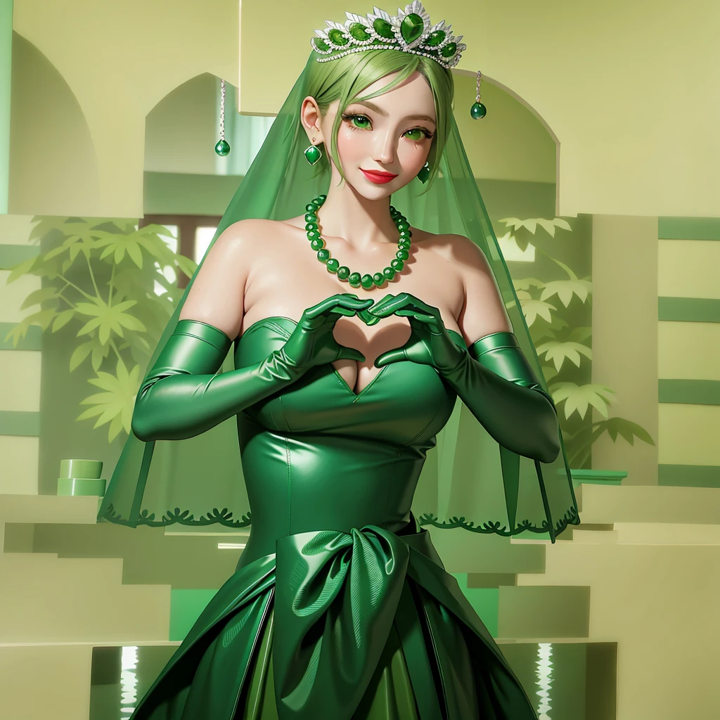 Emerald tiara, Green Pearl Necklace, Boyish very short green hair, Green Lips, Smiling Japanese woman, Very short hair, Busty beautiful lady, Green Eyes, Green satin long gloves, Green Eyes, Emerald Earrings, Green veil, Heart with both hands, Green Hair, Beautiful Japanese Woman, Heart shaped hands:1.3, green lip gloss