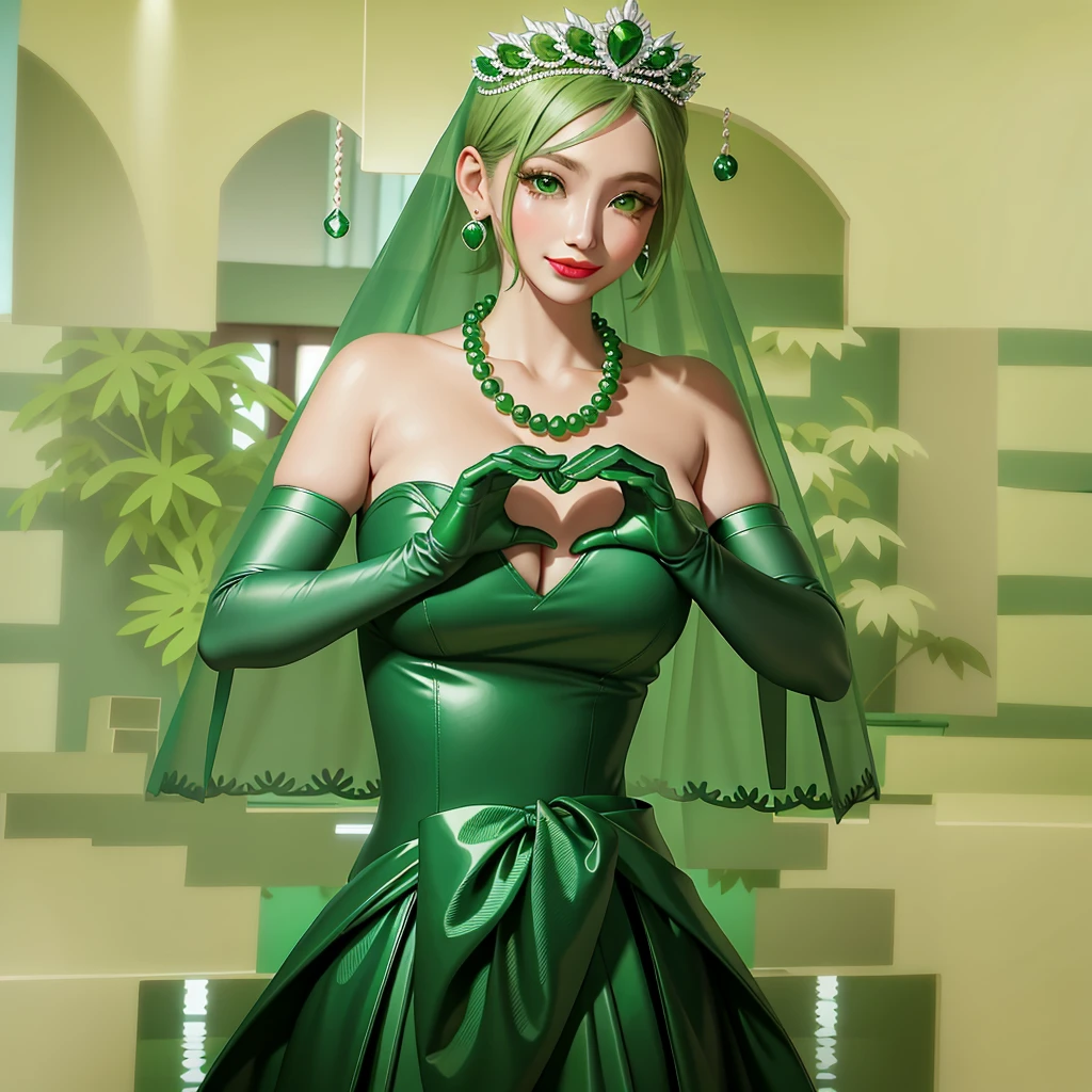 Emerald tiara, colar de pérolas verdes, ボーイッシュな非常に短いcabelo verde, Lábios Verdes, mulher japonesa sorridente, cabelo muito curto, Linda senhora peituda, olhos verdes, Luvas longas de cetim verde, olhos verdes, Brincos Esmeralda, Véu verde, Coração com as duas mãos, cabelo verde, Linda mulher japonesa, mãos em forma de coração:1.3, brilho labial verde