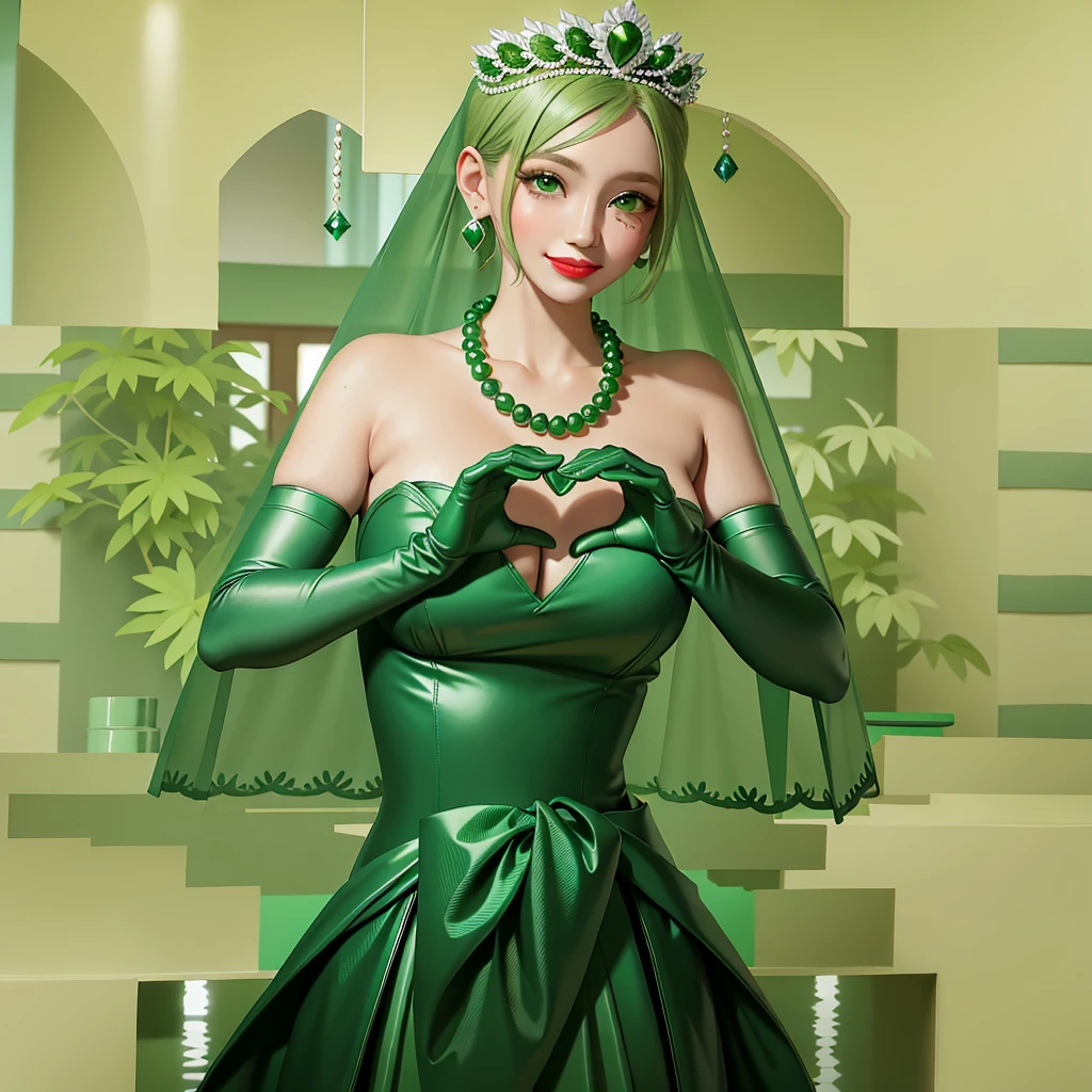 Emerald tiara, Green Pearl Necklace, Boyish very short green hair, Green Lips, Smiling Japanese woman, Very short hair, Busty beautiful lady, Green Eyes, Green satin long gloves, Green Eyes, Emerald Earrings, Green veil, Heart with both hands, Green Hair, Beautiful Japanese Woman, Heart shaped hands:1.3, green lip gloss