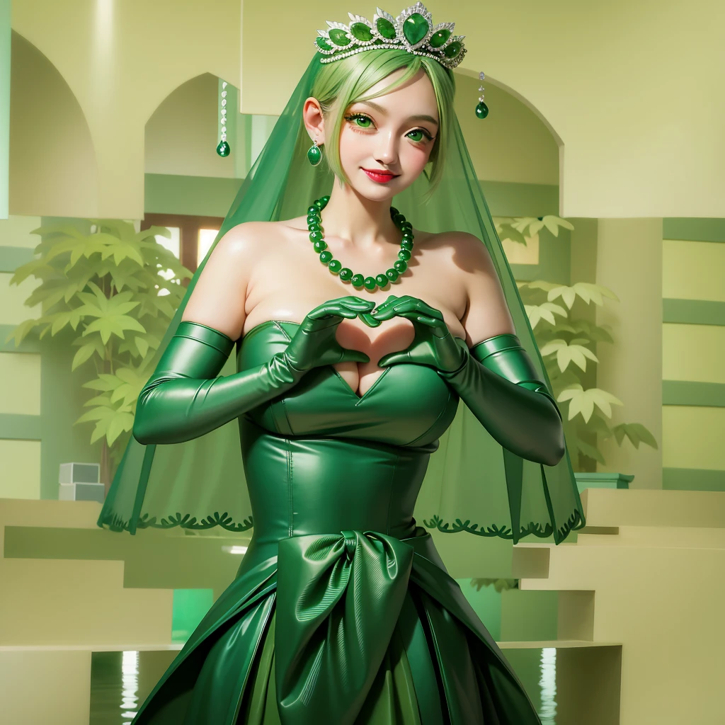 Emerald tiara, Green Pearl Necklace, ボーイッシュな非常に短いGreen Hair, Green Lips, Smiling Japanese woman, Very short hair, Busty beautiful lady, Green Eyes, Green satin long gloves, Green Eyes, Emerald Earrings, Green veil, Heart with both hands, Green Hair, Beautiful Japanese Woman, Heart shaped hands:1.3, green lip gloss