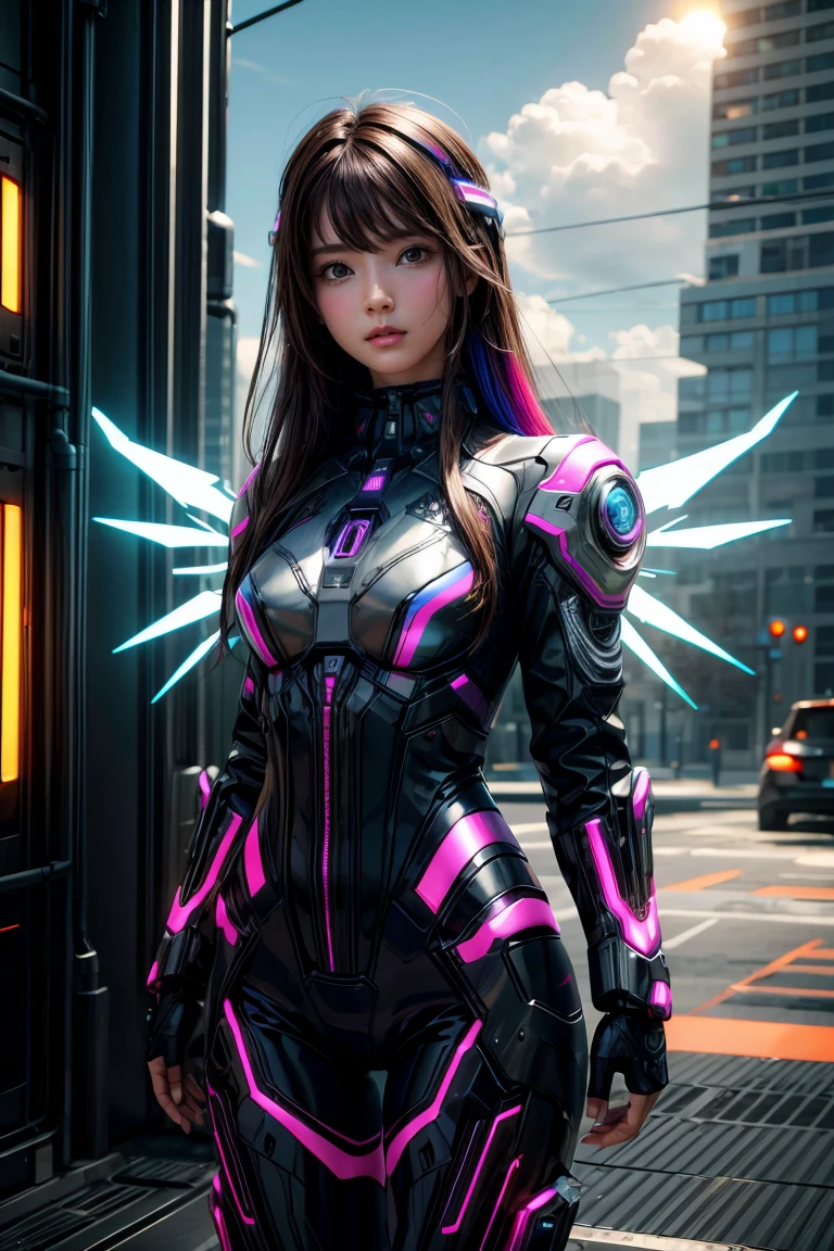 ((masterpiece, best quality, extremely detailed), volumetric lighting, ambient occlusion, colorful, glowing), 
1girl, solo, young girl, (dark hair), long hair, halo, aura, sacred, godness, cyber suit, (random-colored outfit:1.3), android, bot, cybernetic wings,
outdoors, sunset, sky, clouds, space, (cyberpunk theme:1.2),