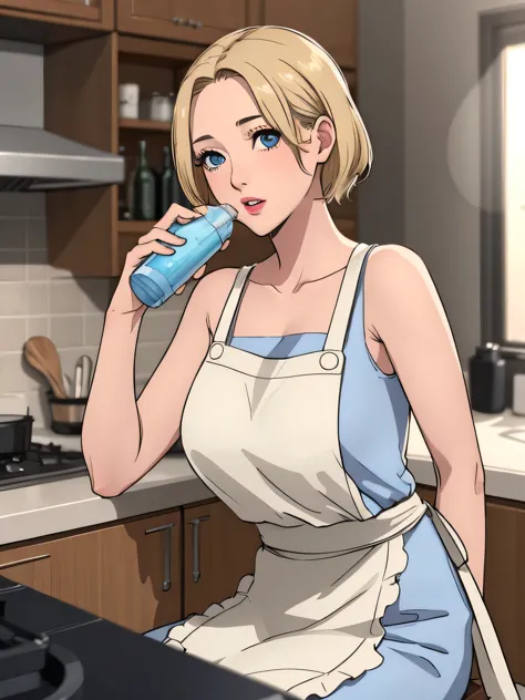 1 woman, apron, sitting in the kitchen, Drink a bottle of water, blond, blue eyes, Detailed eyes and face, Beautiful and delicat...