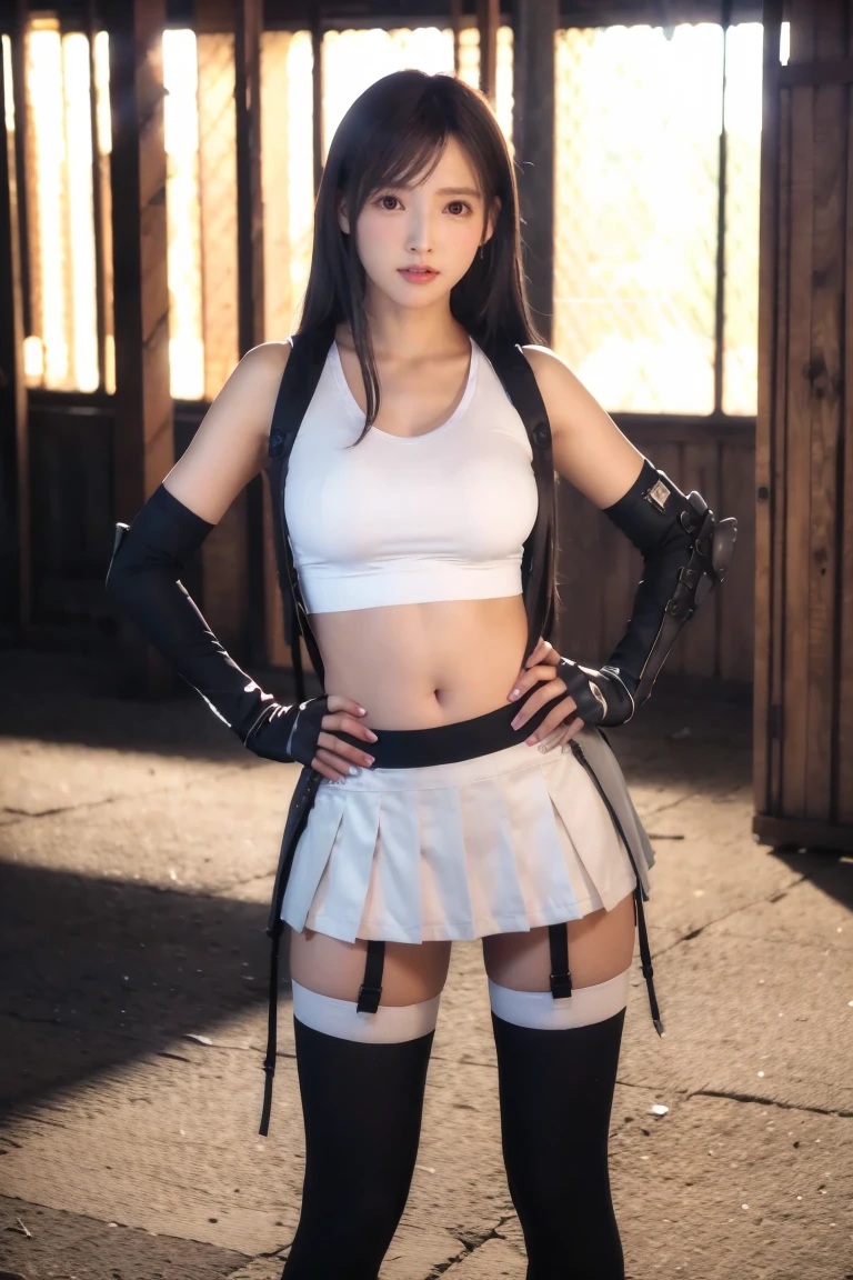 (8K、RAW Photos、Highest quality、masterpiece:1.2)、(Realistic、Realistic)、1 Girl、((White tank top、Arm Covers、gloves、Knee socks、garter belt、boots、Black mini skirt、belly button、underground warehouse、Stand with hands on hips))、