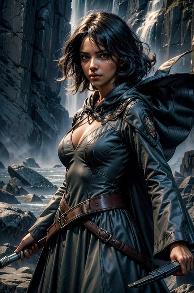 MariaCalavera, dark skin, black hair, short hair, silver eyes, dress, cleavage, cape, belts, hood, cowboy shot, (dynamic pose), standing in field in valley, BREAK mountains in background, waterfall, crowd, (crowd in military uniform), (volumetric lighting), intricate details, tonemapping, sharp focus, hyper detailed 