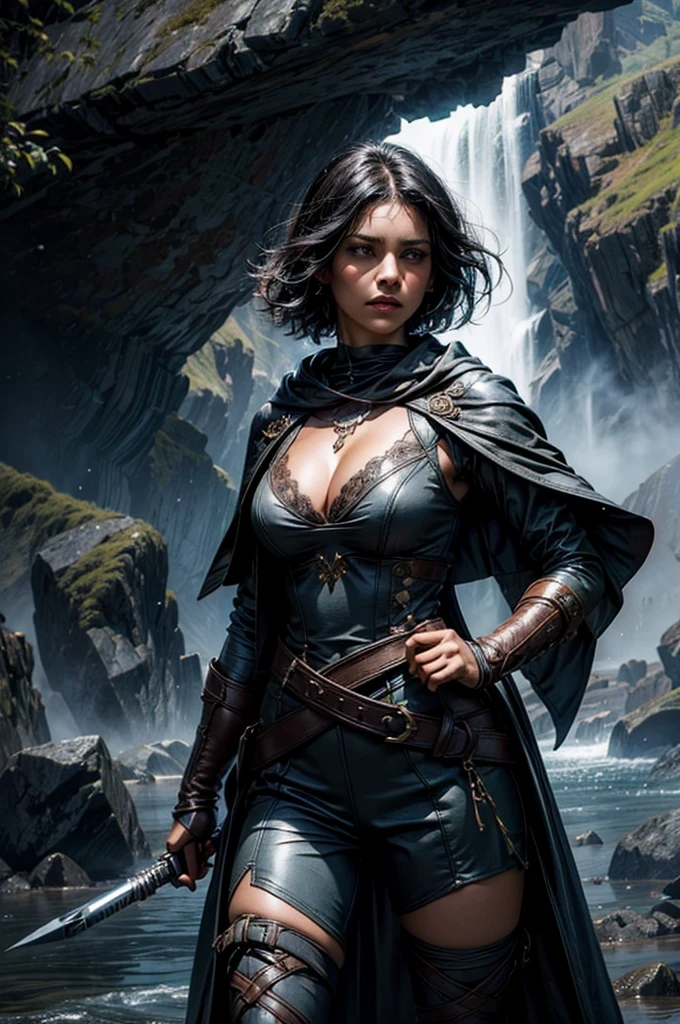 MariaCalavera, dark skin, black hair, short hair, silver eyes, dress, cleavage, cape, belts, hood, cowboy shot, (dynamic pose), standing in field in valley, BREAK mountains in background, waterfall, crowd, (crowd in military uniform), (volumetric lighting), intricate details, tonemapping, sharp focus, hyper detailed 