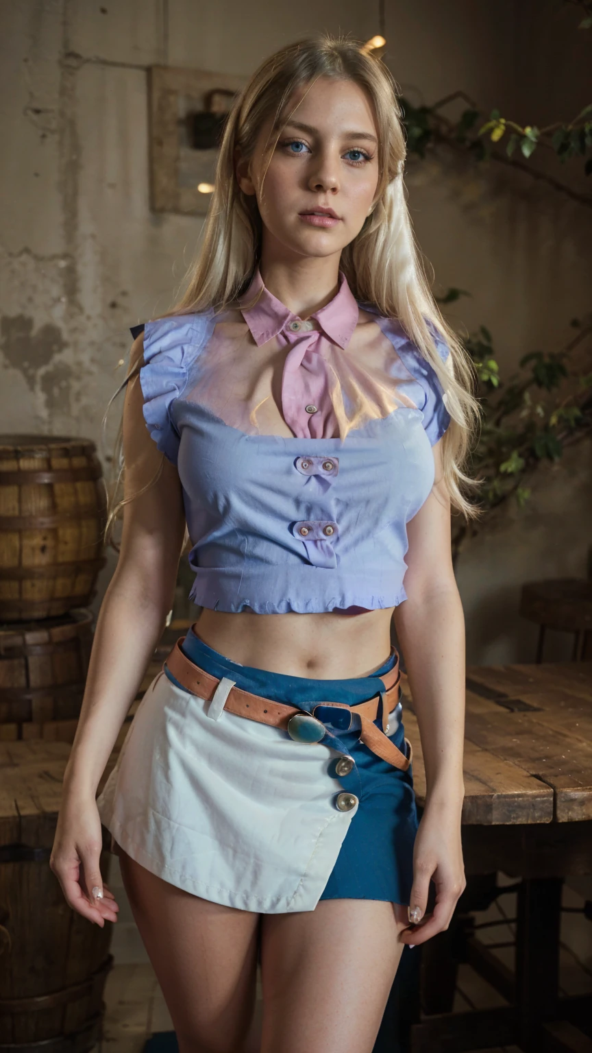  a tall girl, big breast, beautiful beauty, beautiful, cute, loving, long white hair, her blue-yellow eye, she wears a pink button-down blouse, short sleeves, shows her navel and a short dark blue skirt, a brown belt, a long black heel. 