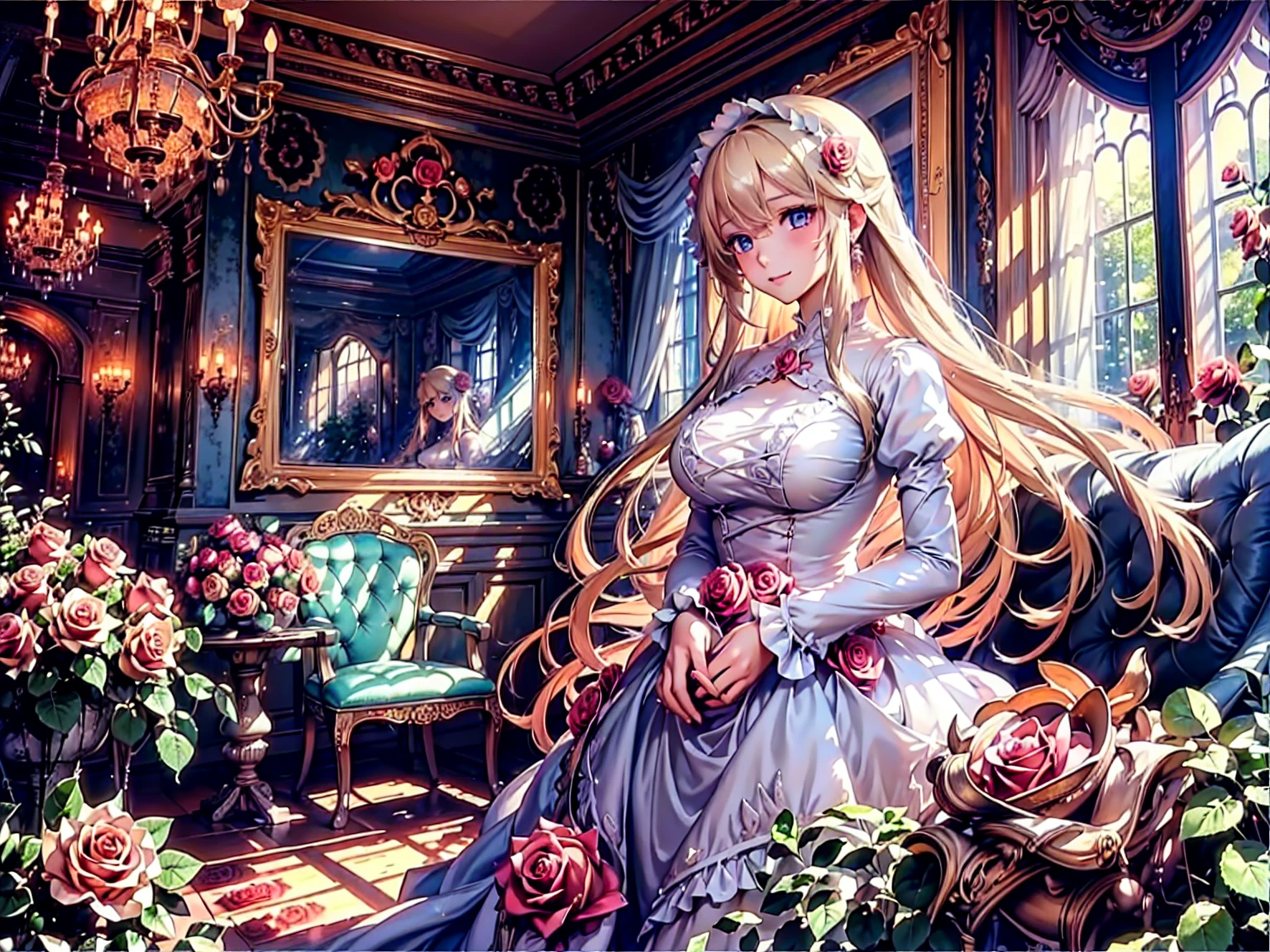 ,Super détaillé,Belle attention aux détails,Fille avec de beaux yeux, tout le monde, Belles filles d&#39;anime, jolie fille animée,  Style animé, Couleurs élégantes, éclairage doux, Yeux mouillés délicats et beaux, très coquet, (beaux gros seins:1.2), (Le bon geste:1.2)(la plus haute qualité)), ((chef-d&#39;œuvre)), ((Super détaillé)), (Très délicat et beau),(Art fractal de roses:1.5),Belle fille, grains fins,Fille abstraite et mystérieuse, longs cheveux blonds,Robe rose, Des tourbillons de rêve de couleurs pastel et de lumière douce, Évoque un sentiment de sérénité sereine et de beauté insaisissable,Attention au détail,Sourire captivant,imaginatif,Dans une chambre fleurie,tir de cow-boy、Une charmante ruelle western、architecture gothique、architecture occidentale、monde fantastique、