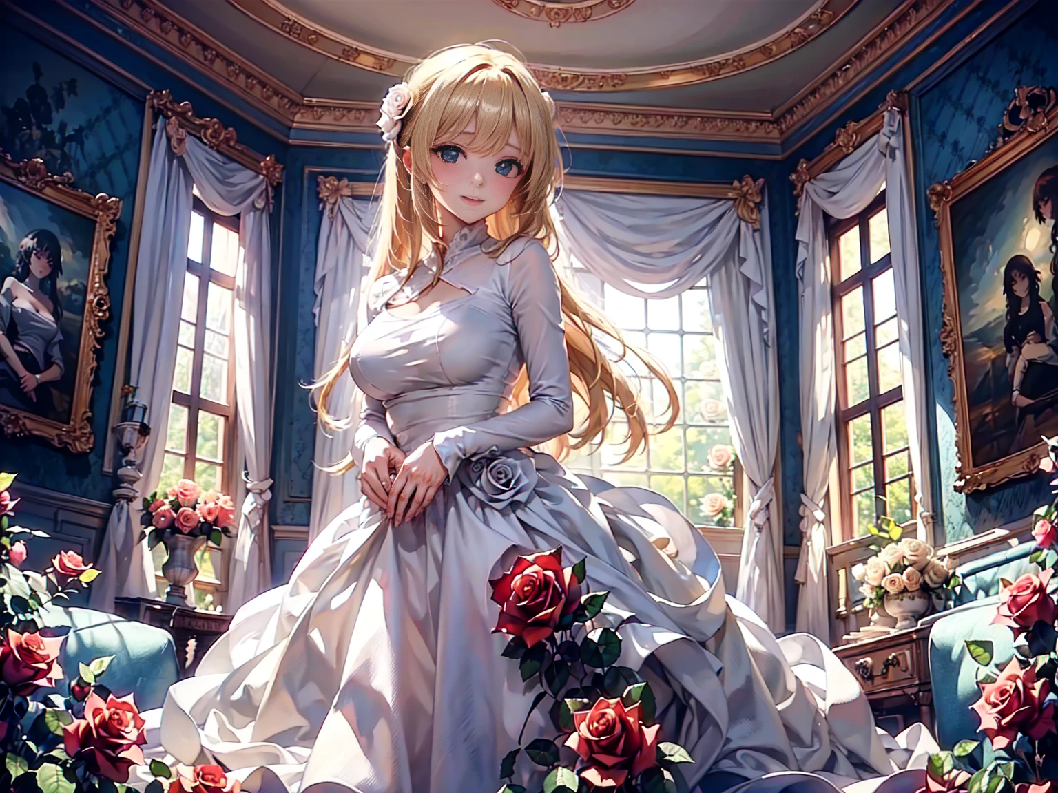 ,Super détaillé,Belle attention aux détails,Fille avec de beaux yeux, tout le monde, Belles filles d&#39;anime, jolie fille animée, Style animé, Couleurs élégantes, éclairage doux, Yeux mouillés délicats et beaux, très coquet, (beaux gros seins:1.2), (Le bon geste:1.2),(la plus haute qualité)), ((chef-d&#39;œuvre)), ((Super détaillé)), (Très délicat et beau),(Art fractal de roses:1.5),Belle fille, grains fins,Fille abstraite et mystérieuse, longs cheveux blonds,Robe rose, Des tourbillons de rêve de couleurs pastel et de lumière douce, Évoque un sentiment de sérénité sereine et de beauté insaisissable,Attention au détail,Sourire captivant,imaginatif,Dans une chambre fleurie,tir de cow-boy