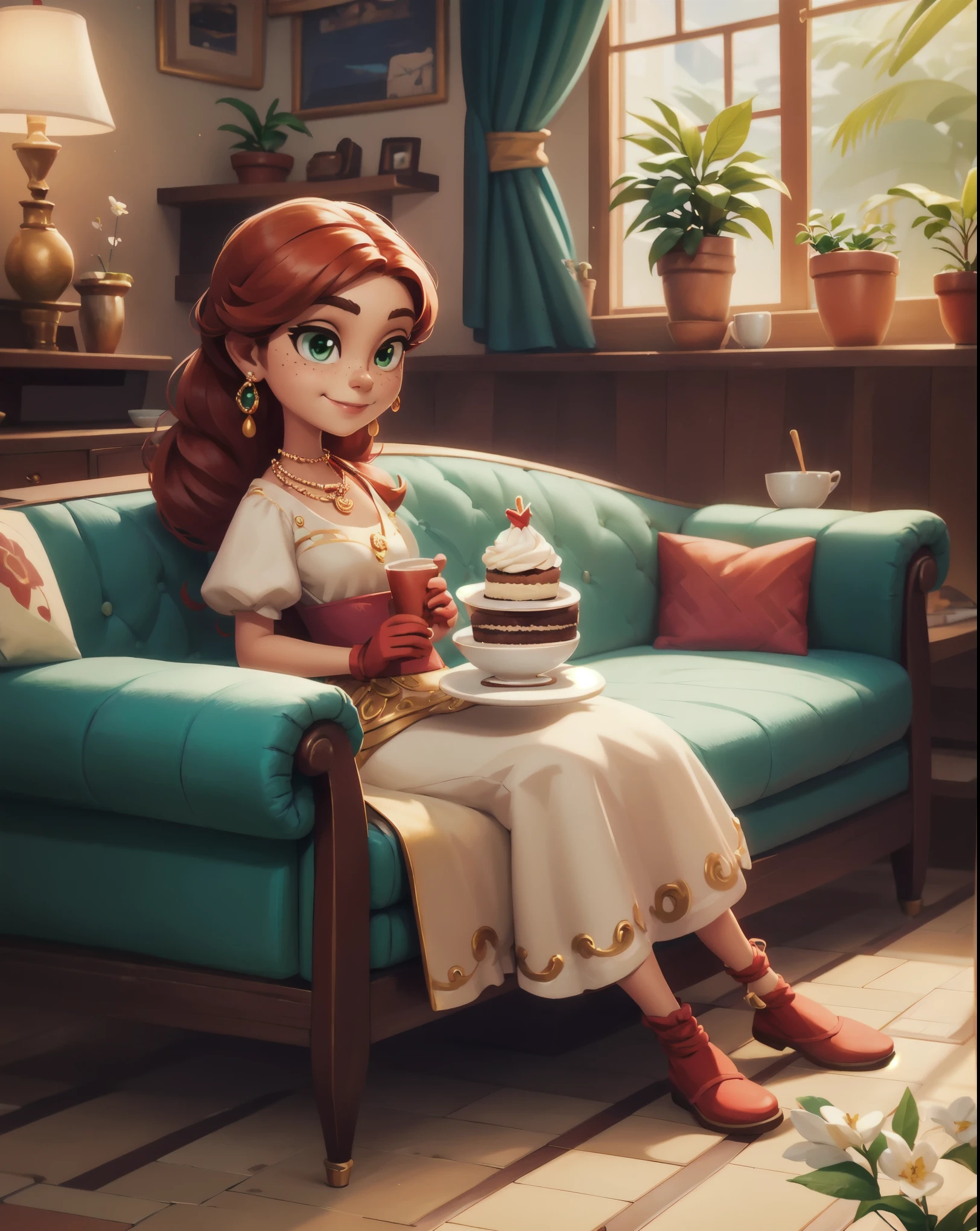 Concept Art,character illustration of a,European and American cartoons,（whole body：1.5），Mid-Long View，carpet，（Puppy lying on the floor），shoe，一个20岁的金发女生悠闲的sit在living room，Holding a cup of coffee，A laid-back expression，Relax，Leisure，European and American cartoons，1 Girl,freckle,Solitary,Jewelry,Green Eyes,Weaving,earrings,twin Weavings,necklace,Looking at the audience,Red hair,plant,Puff sleeves,bracelet,Smile,Long hair,puffy short sleeve,Necklace,dress，flower，Coffee cup，Gloves，earrings，Jewelry，肘部Gloves，cup，，sit，sofa，window，cake，小cake，sofa，living room，solo