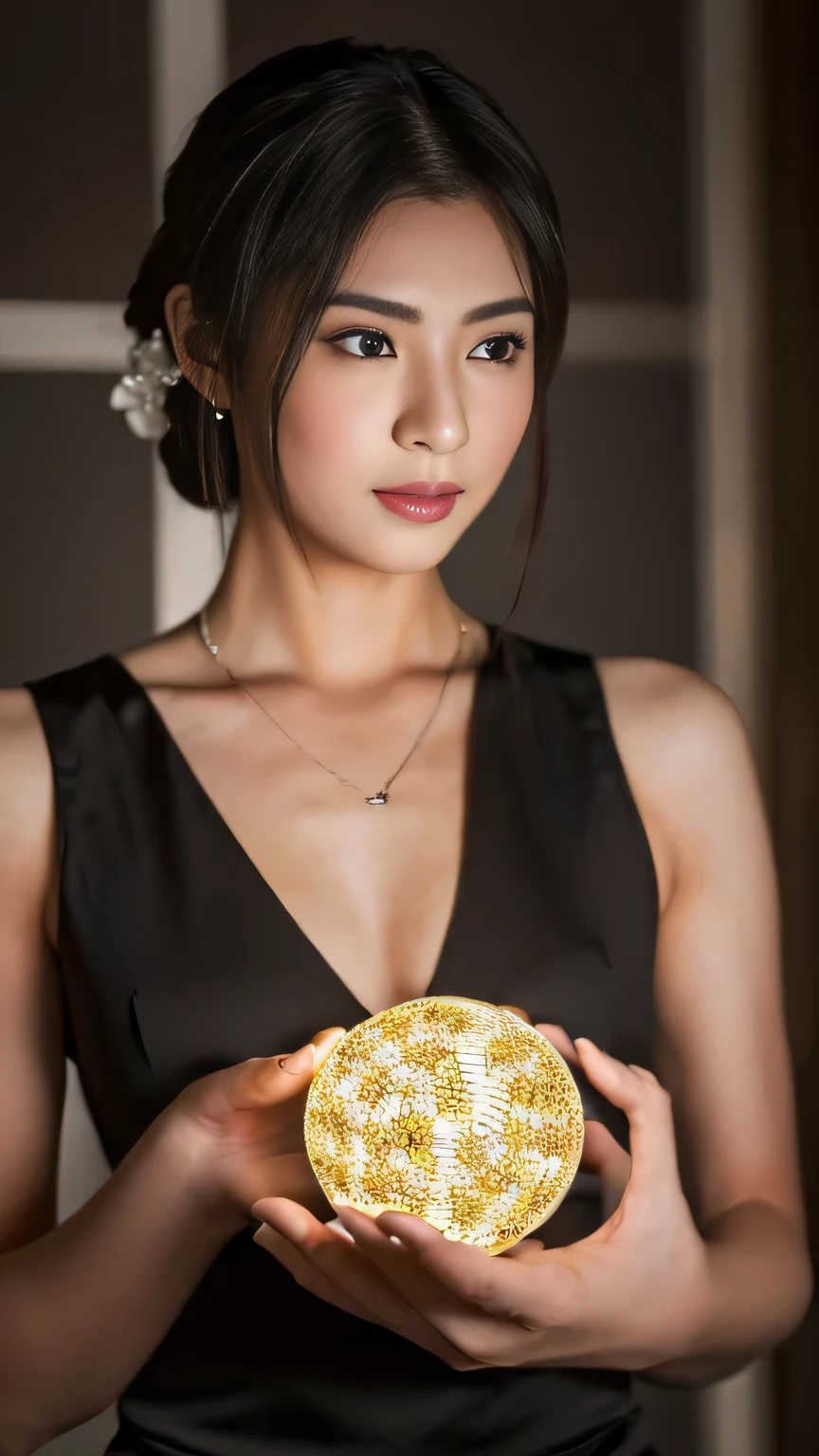 Best quality, masterpiece, high resolution, 8K Ultra HD, masterpiece, high resolution, 4k, 8k, (photorealistic: 1.2), (sharp focus), (highly detailed skin: 1.2),
one girl, cheongsam, hair ornament, necklace, jewelry, beautiful face, beautiful woman, (holding a beautiful shining ball in her palms with both hands clasped in front of her face), (gazing at the ball: 1.5), beautiful face illuminated by light, beautiful proportions, ample breasts, cowboy shot, milky way, double long exposure, movie still, (tyndall effect: 1.5), (dark studio: 1.5), rim lighting, two-tone lighting, 8k uhd, digital slr, soft lighting, volumetric lighting, candid, photography, bokeh,