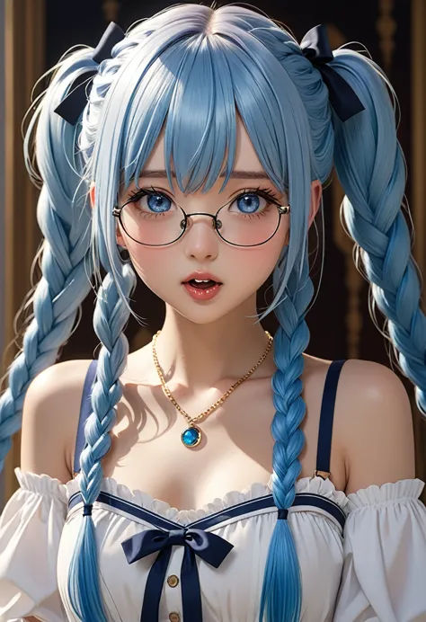 with bangs, long white hair, hairpin, jewelry,, rimless glasses, neck chain, eyes wide open, pupils dilate, tears flow,, 耳nipple...