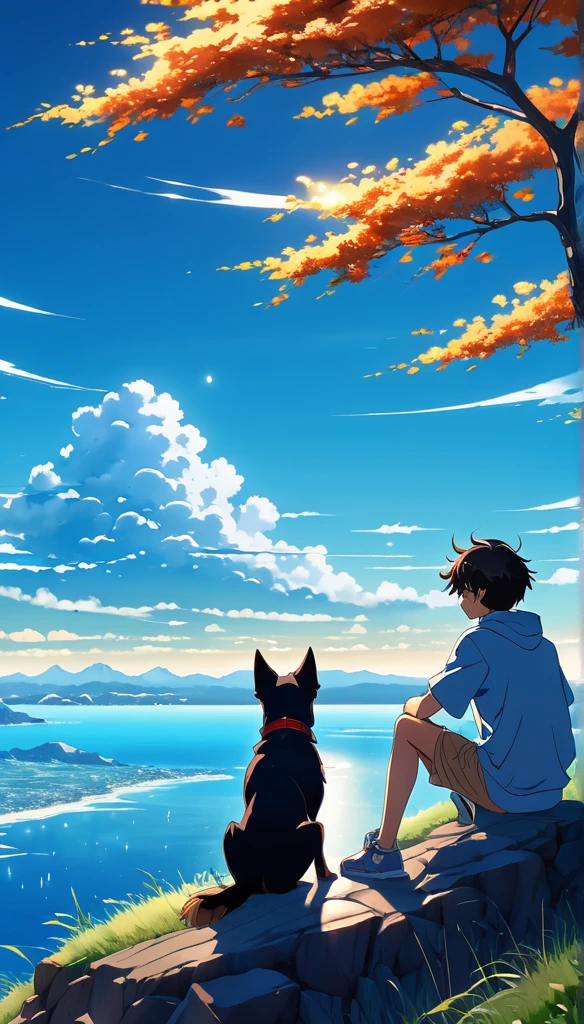 high quality, 8K Ultra HD, great detail, masterpiece, an anime style digital illustration, anime landscape of a boy with his dog sitting on a hill, looking at a cloudless sea-like blue sky, calm, serene, nature screen anime with serene sky, beautiful anime scene, beautiful anime peace scene, Makoto Shinkai Cyril Rolando, beautiful anime scene, amazing wallpaper, 8k anime art wallpaper, anime background, art anime background , 4k anime wallpaper, 4k anime art wallpaper, 4k anime art wallpaper,