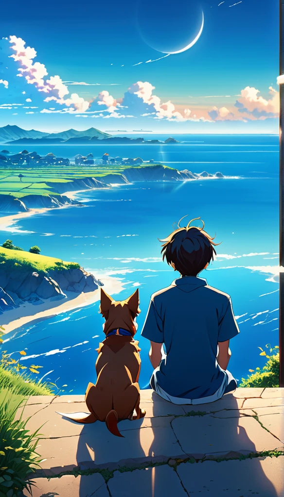 высокое качество, 8К Ультра HD, Отличная детализация, шедевр, Цифровая иллюстрация в стиле аниме, Аниме пейзаж мальчика с собакой, сидящего на холме, глядя на безоблачное, похожее на море, голубое небо, спокойствие, безмятежный, nature screen anime with безмятежный sky, красивая аниме-сцена, красивая аниме-сцена мира, Макото Синкай Сирил Роландо, красивая аниме-сцена, удивительные обои, 8k аниме арт обои, аниме фон, art аниме фон , 4k аниме обои, 4K аниме арт обои, 4K аниме арт обои,