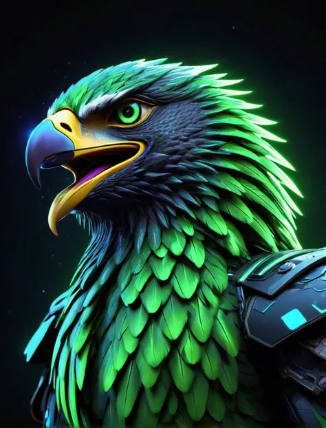 a ferocious, futuristic galactic eagle character with sharp, glowing green eyes and majestic, neon green feathers, set against a...