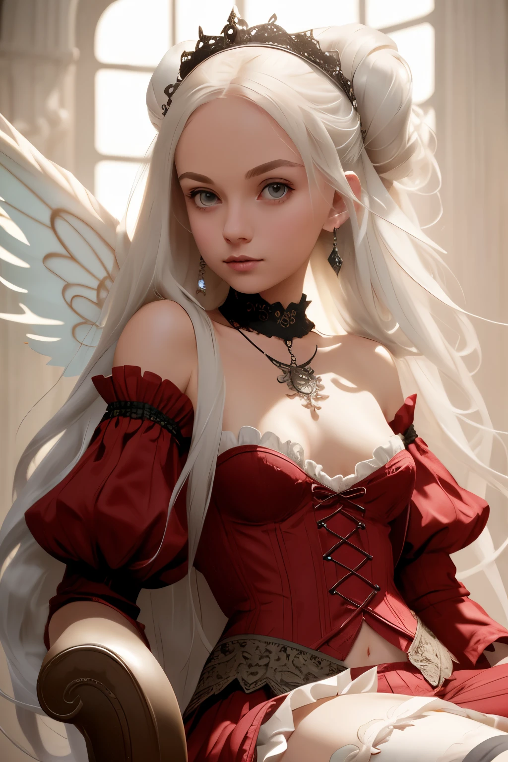  ((best quality)), ((masterpiece)), (detailed), 1girl, off-shoulder, Character design, female, dynamic poses, long white grey hair, grey white eyes, very skinny, detailed, best quality, no accesoires around the neck, no shoes, prominent collarbones, skinny arms, flat stomach, visible hip bones, full body, blank white background, plain background, white background, red and white clothing, Bloodborne inspired, occult aesthetic, occult, detailed and intricate steampunk and detailed gothic, NSFW, Very dramatic and cinematic lighting, cosmic horror, grim-dark, side-lighting, perfect face, NSFW, Fluttering lace flared long knee length dress with frilly petticoats, knee length dress, pleated petticoats, petticoats gothic, complex lace boots, side-lighting, gothic lolita aesthetic, wielding a mighty sword with mechanical components, mandalas, small breasts, a fairy, various different types of insect wings, NSFW, full body, whole body, body, plain background, white background, blank background, no background, white background NSFW, chains, full body, whole body, head-to-toe NSFW 