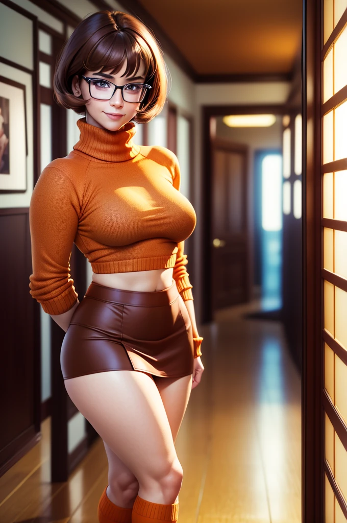 masterpiece, depth of field, photorealistic, absurdres, best quality, 8k, best quality, 1girl, female, young, portrait, perfect lighting, cinematic lighting, looking at viewer, velma dace dinkley, (perfect body), solo, blush, breasts, brown eyes, (dark brown hair:1.2), glasses, medium breasts, lips, looking at viewer, nose, orange shirt, (orange sweater:1.2), short hair, smile, sweater, (turtleneck:1.2), turtleneck sweater, red skirt, orange socks, (tight clothing), portrait, school, (day:1.2), school hallway, smile, depth of field, happy, magnificant glass