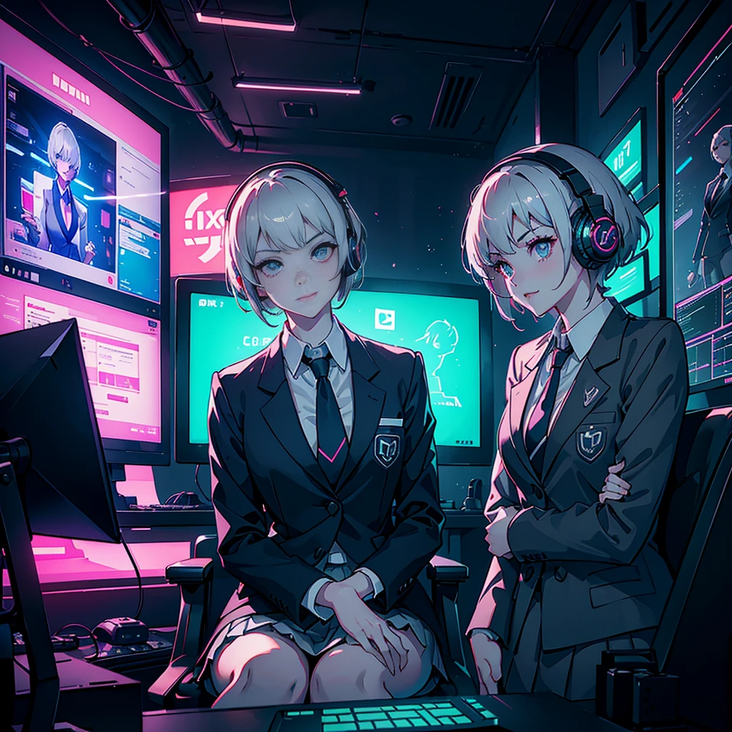 A Full body Portrait of a girl with short grey pixie cut hair, both in school uniforms with blazers and ties, girl is smirking while looking to the computer screen, sitting on inside of a neon-lit computer gaming cafe, wearing gaming headphone, neon game controllers highlighted. Intricate, dynamic, wide-angle, HDR, Artstation.