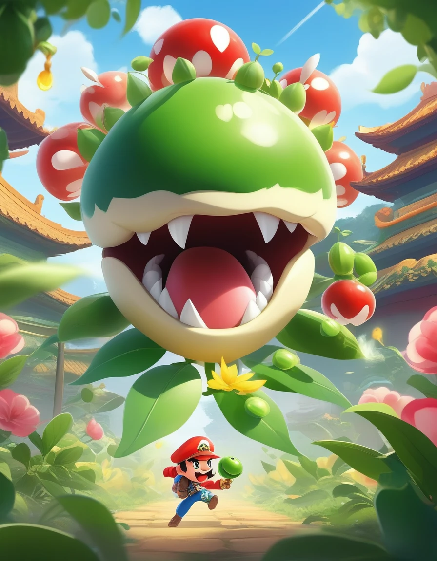 Pea shooter与食人花决绝，Magic showdown，The Piranha Plant opens its mouth，Pea shooter只有一双眼睛，Anthropomorphic plants，Plants have eyes，Background of Lilliput，Huge plants wrapped around，Poster Visual，China Town，Strong Chinese style，植物大战僵尸里的Large-mouthed flower，Pea shooter是主角，Pea shooter，Large-mouthed flower，Cartoon Character, pictorial, In battle，In a fight，In the War，Character Art Reverse Game Character,Battle World，In battle，A huge plant world as the background，Cartoon fantasy world，Pea shooter大战，Plant Warfare，Large-mouthed flower，Magic duel