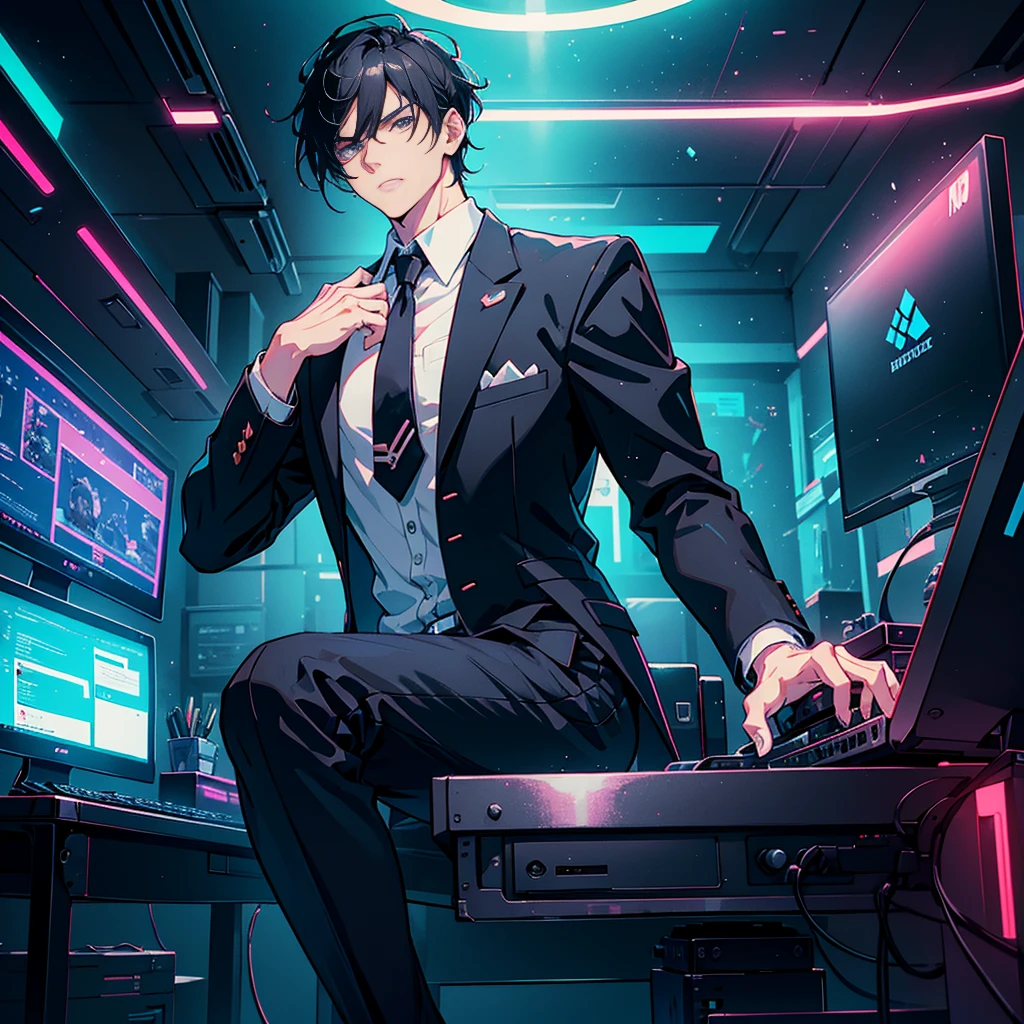 Create an anime art style of A Full Body Portrait of a 30-year-old handsome guy, with black hair and a strong jawline that clearly visible, wearing  with blazer, tie and white sport shoe, sitting on inside of a neon-lit computer gaming cafe, wearing gaming headphone.