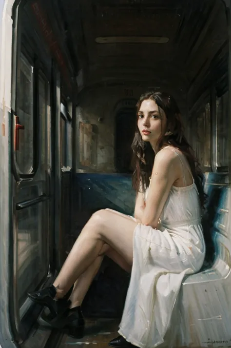 painting of a woman sitting in a subway car ((ONE WOMAN ONLY)) ((woman dressed in white)) modern dress, modern, actual, Nick Alm...