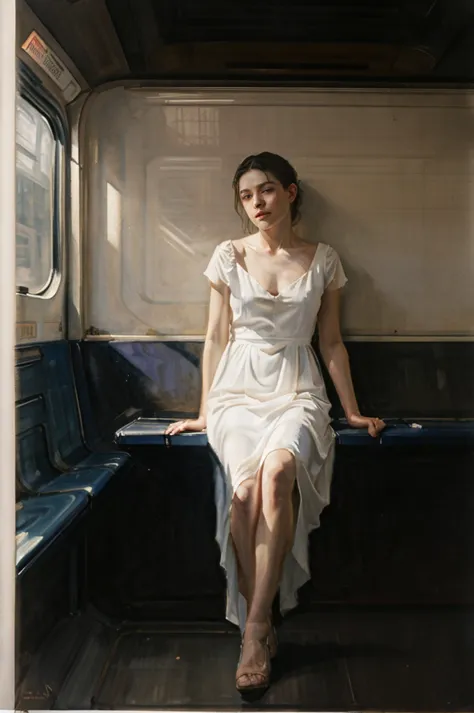 painting of a woman sitting in a subway car ((ONE WOMAN ONLY)) ((woman dressed in white)) modern dress, modern, actual, Nick Alm...