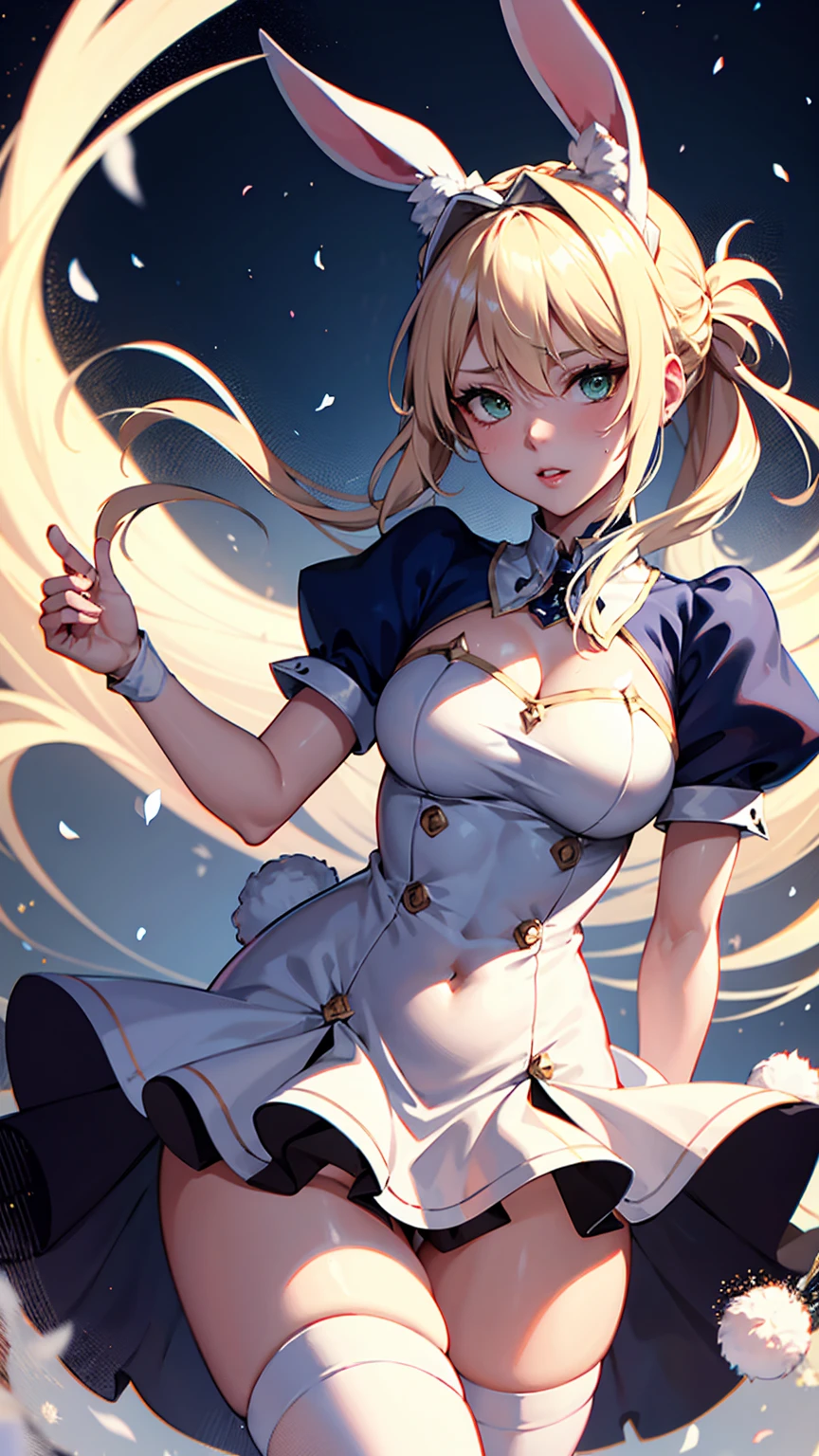 Rabbit Arturia&#39;s hairstyle, Artoria the Rabbit Cosplay Costume, One girl, Pectoral muscle, alone, Blonde, Green Eyes, French Braidings, Long Hair, Big ample breasts, Cleavage, ponytail, Side Lock, Bans, belly button, Looking up at the viewer, Bare shoulders, Braiding, Hair between the eyes, ウサギのPause, tiara, Ahegao, Blushing huge saggy breasts:1.8, Huge chubby sexy :1.9, Huge Sexy , Sexy Legs:2.0, , Prohibited to wear, No clothes, White transparent tights, Hugging legs, Hug my feet, Hugging legs, squats and leg hugs,  Pause, Lying down , Lie down with your legs hugged, You are so sexy