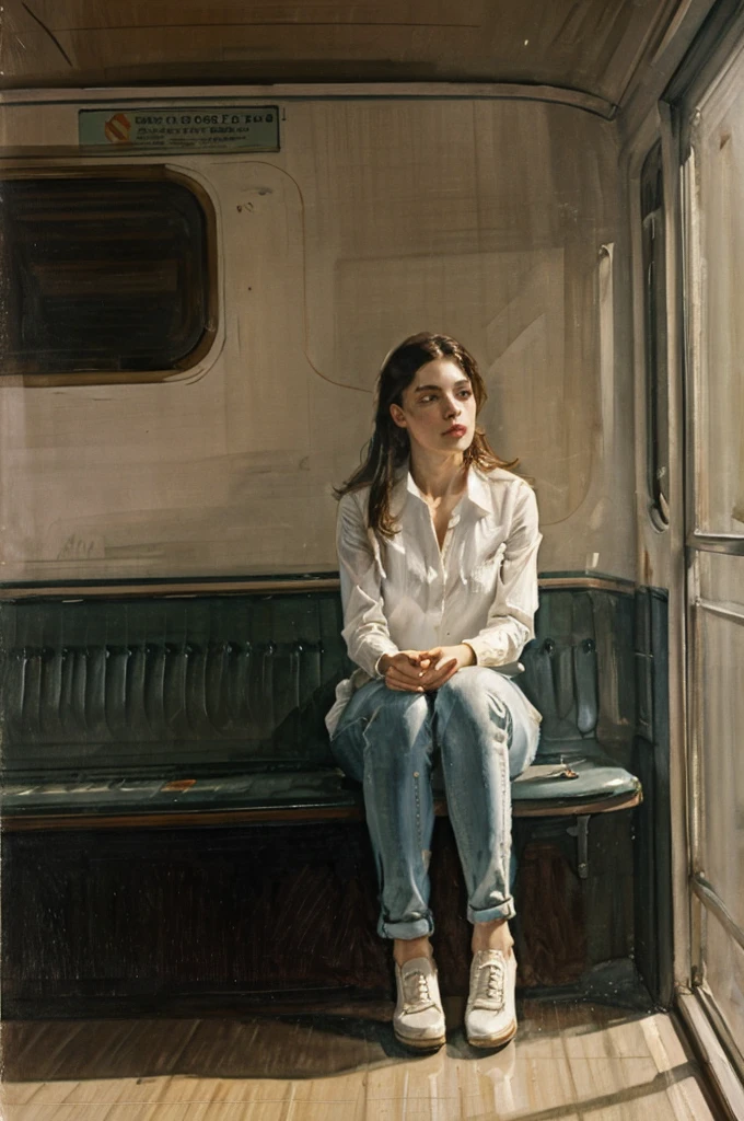 painting of a woman sitting in a subway car ((ONE WOMAN ONLY)) ((woman dressed in white)) modern dress, modern jeans pants, actual, Nick Alm, by Andrea Pozzo, Jeremy Lipking, range murata Jeremy Lipking, by Carlo Mense, inspired by Enrique Simonet, sargento marshénnikov, by Michael Ford, krenzcushart, Jeremy Lipking full length shot, by Josep Rovira Soler