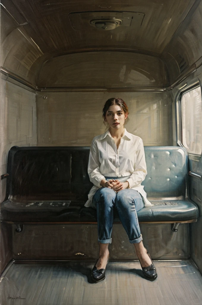 painting of a woman sitting in a subway car ((ONE WOMAN ONLY)) ((woman dressed in white)) modern dress, modern jeans pants, actual, Nick Alm, by Andrea Pozzo, Jeremy Lipking, range murata Jeremy Lipking, by Carlo Mense, inspired by Enrique Simonet, sargento marshénnikov, by Michael Ford, krenzcushart, Jeremy Lipking full length shot, by Josep Rovira Soler
