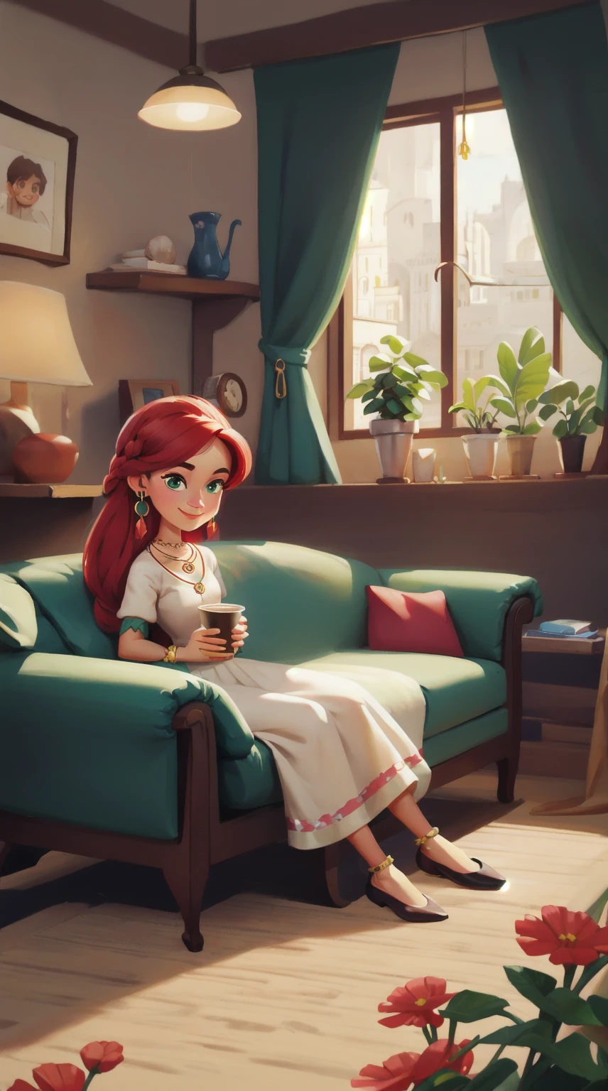 Concept Art,character illustration of a,European and American cartoons,（whole body：1.5），Mid-Long View，carpet，（Looking at the camera），shoe，一个20岁的金发女生happy的sit在living room，Holding a cup of coffee，happy，A laid-back expression，Relax，Leisure，European and American cartoons，1 Girl,freckle,Solitary,Jewelry,Green Eyes,Weaving,earrings,twin Weavings,necklace,Looking at the audience,Red hair,plant,Puff sleeves,bracelet,Smile,Long hair,puffy short sleeve,Necklace,dress,flower,Coffee cup,Gloves,earrings,Jewelry,肘部Gloves,cup,sit,sofa,window,sofa，living room，solo,Looking at the camera，Look at the audience，