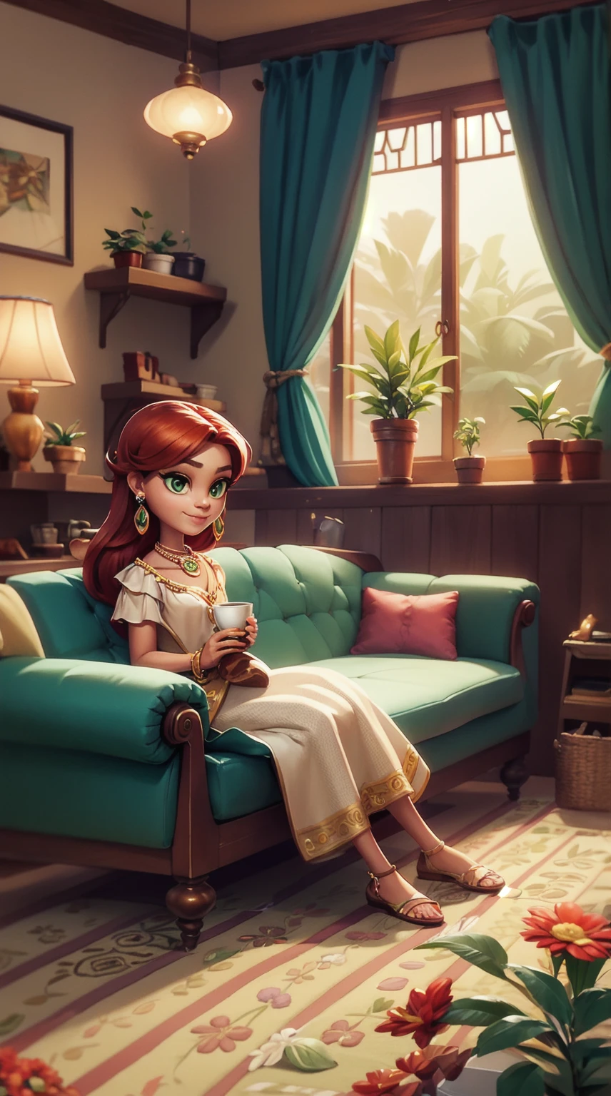 Concept Art,character illustration of a,European and American cartoons,（whole body：1.5），Mid-Long View，carpet，（Looking at the camera），shoe，一个20岁的金发女生happy的sit在living room，Holding a cup of coffee，happy，A laid-back expression，Relax，Leisure，European and American cartoons，1 Girl,freckle,Solitary,Jewelry,Green Eyes,Weaving,earrings,twin Weavings,necklace,Looking at the audience,Red hair,plant,Puff sleeves,bracelet,Smile,Long hair,puffy short sleeve,Necklace,dress,flower,Coffee cup,Gloves,earrings,Jewelry,肘部Gloves,cup,sit,sofa,window,sofa，living room，solo,Looking at the camera，Look at the audience，