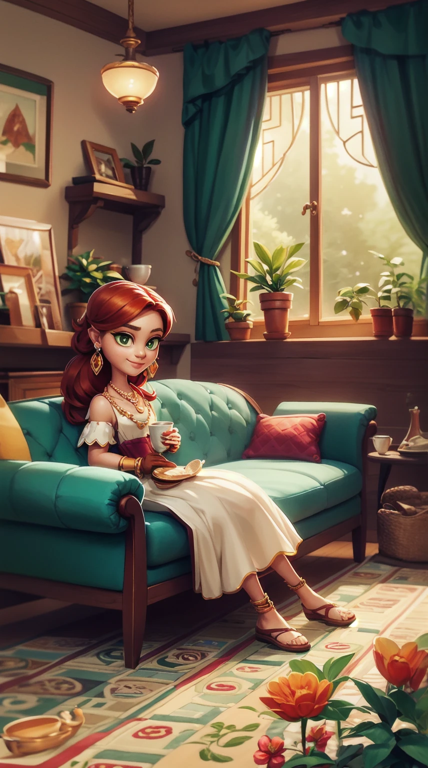 Concept Art,character illustration of a,European and American cartoons,（whole body：1.5），Mid-Long View，carpet，（Looking at the camera），shoe，一个20岁的金发女生happy的sit在living room，Holding a cup of coffee，happy，A laid-back expression，Relax，Leisure，European and American cartoons，1 Girl,freckle,Solitary,Jewelry,Green Eyes,Weaving,earrings,twin Weavings,necklace,Looking at the audience,Red hair,plant,Puff sleeves,bracelet,Smile,Long hair,puffy short sleeve,Necklace,dress,flower,Coffee cup,Gloves,earrings,Jewelry,肘部Gloves,cup,sit,sofa,window,sofa，living room，solo,Looking at the camera，Look at the audience，