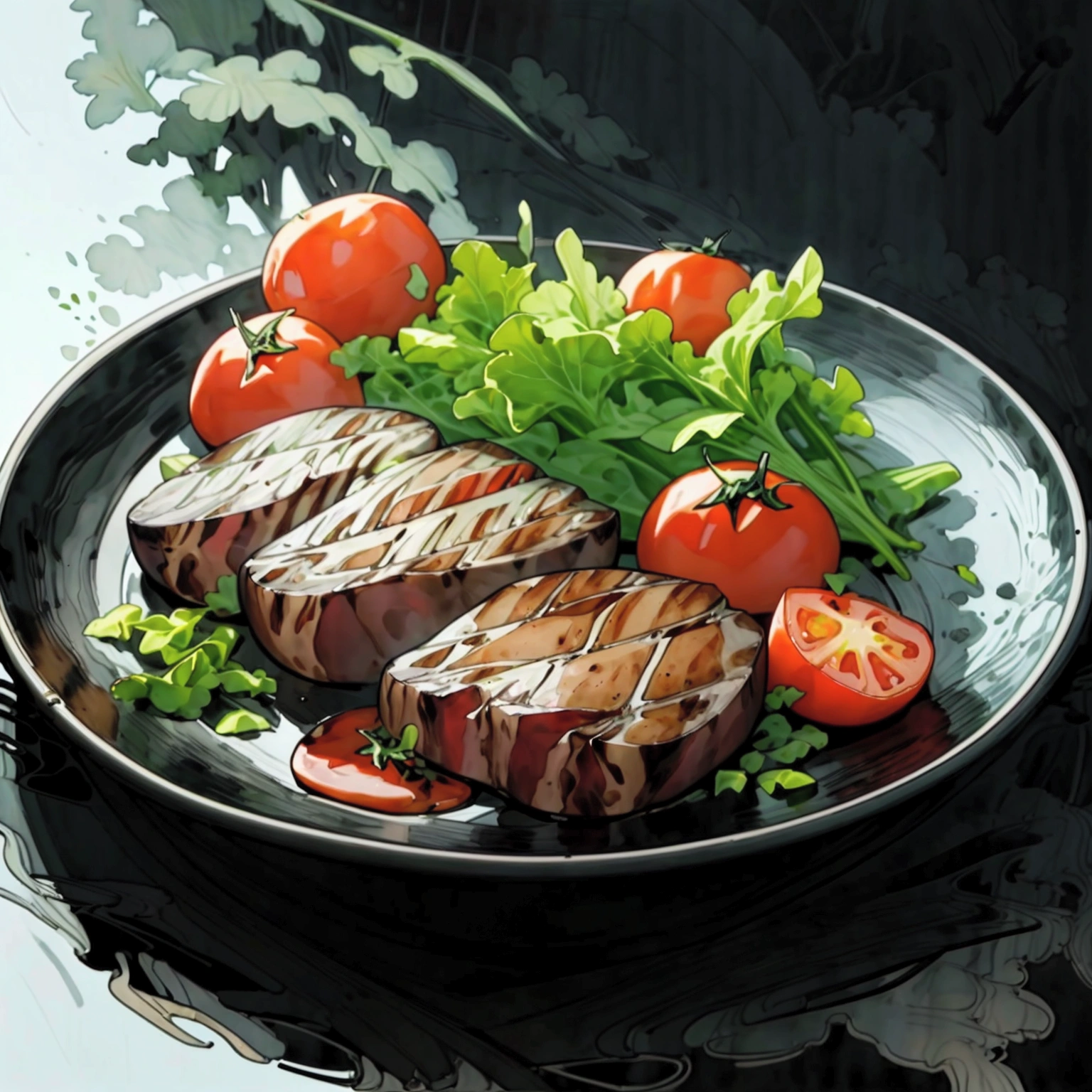 there is a delicious tenderloin steak and baked potatoes served on a hot black plate with slices of baked tomatoes and some green lettuce vegetables, illustration, isolated with solid black background, surrounded with negative space, centered compositon, 8k, highest detailed painting, very precise painting, Isolated, clear solid black background, perspective angle of view, cartoon style, ((watercolor)),