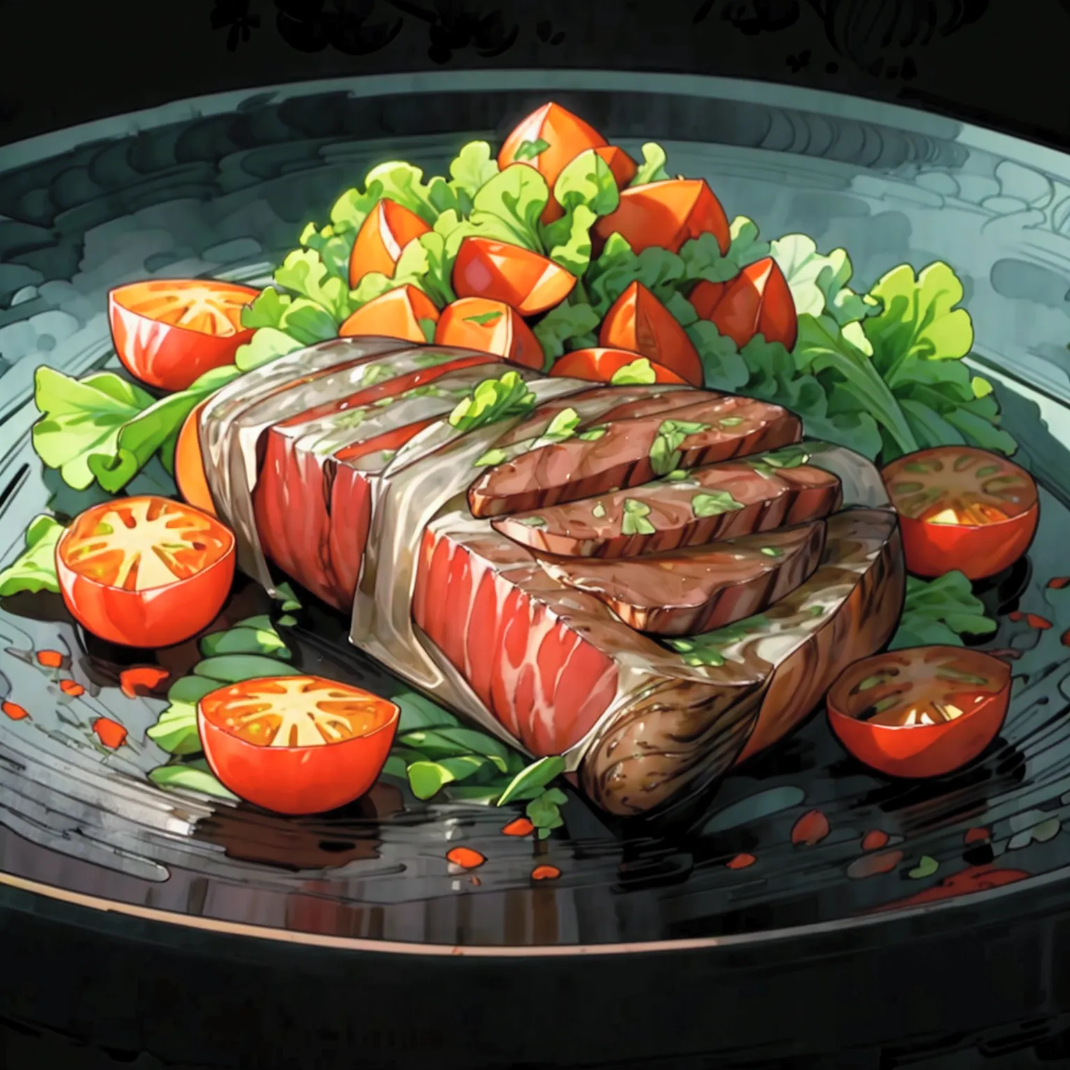 there is a delicious tenderloin steak and baked potatoes served on a hot black plate with slices of baked tomatoes and some gree...