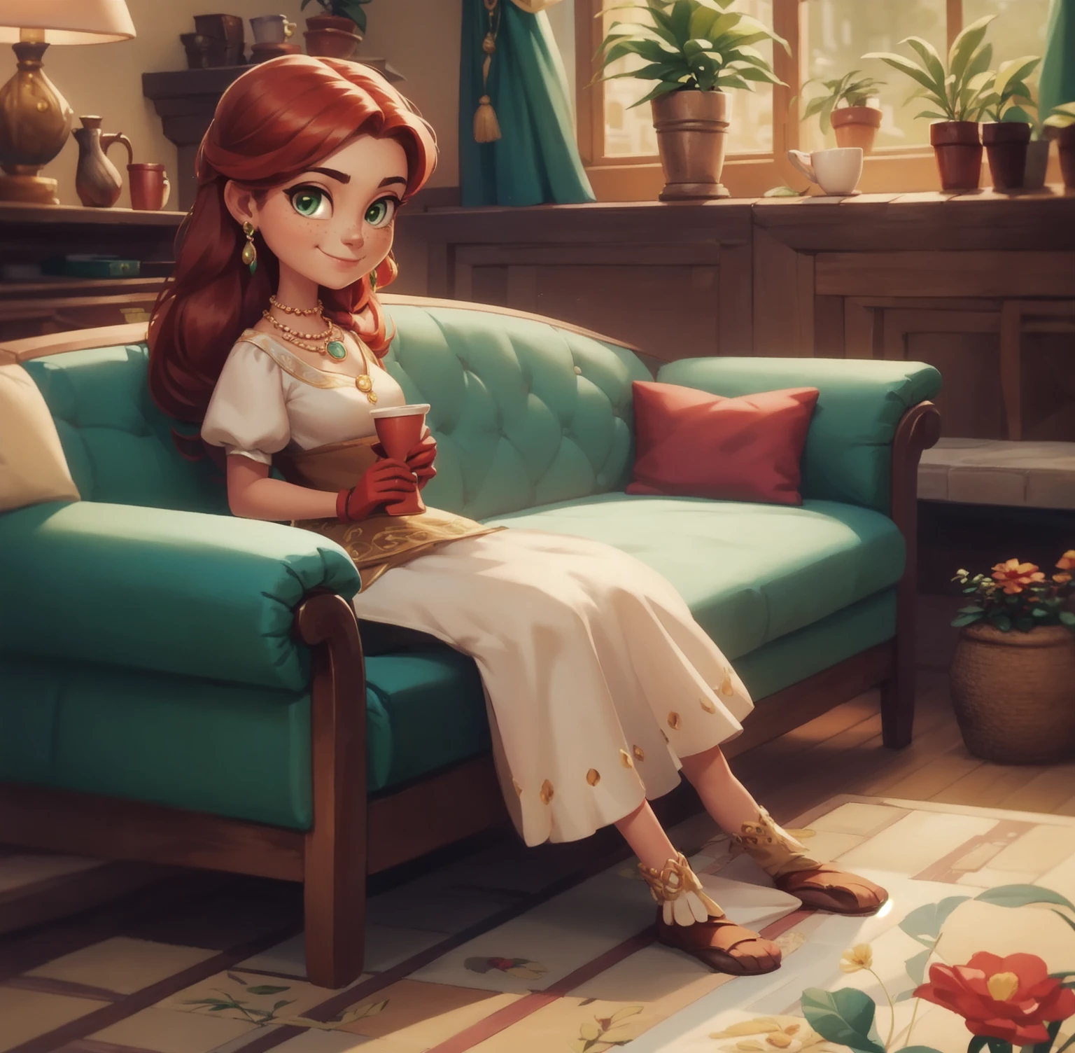 Concept Art,character illustration of a,European and American cartoons,（whole body：1.5），Mid-Long View，carpet，（Looking at the camera：1.5），shoe，一个20岁的金发女生happy的sit在living room，Holding a cup of coffee，A laid-back expression，happy，hapiness，Smile，Relax，Leisure，European and American cartoons，1 Girl,freckle,Solitary,Jewelry,Green Eyes,Weaving,earrings,twin Weavings,necklace,Looking at the audience,Red hair,plant,Puff sleeves,bracelet,Smile,Long hair,puffy short sleeve,Necklace,dress，flower，Coffee cup，Gloves，earrings，Jewelry，肘部Gloves，cup，，sit，sofa，window，sofa，living room，solo