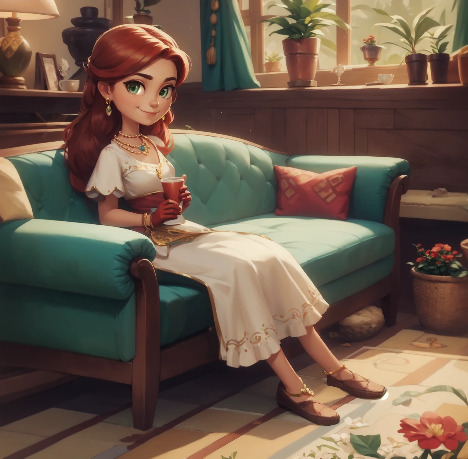 Concept Art,character illustration of a,European and American cartoons,（whole body：1.5），Mid-Long View，carpet，（Looking at the camera：1.5），shoe，一个20岁的金发女生happy的sit在living room，Holding a cup of coffee，A laid-back expression，happy，hapiness，Smile，Relax，Leisure，European and American cartoons，1 Girl,freckle,Solitary,Jewelry,Green Eyes,Weaving,earrings,twin Weavings,necklace,Looking at the audience,Red hair,plant,Puff sleeves,bracelet,Smile,Long hair,puffy short sleeve,Necklace,dress，flower，Coffee cup，Gloves，earrings，Jewelry，肘部Gloves，cup，，sit，sofa，window，sofa，living room，solo