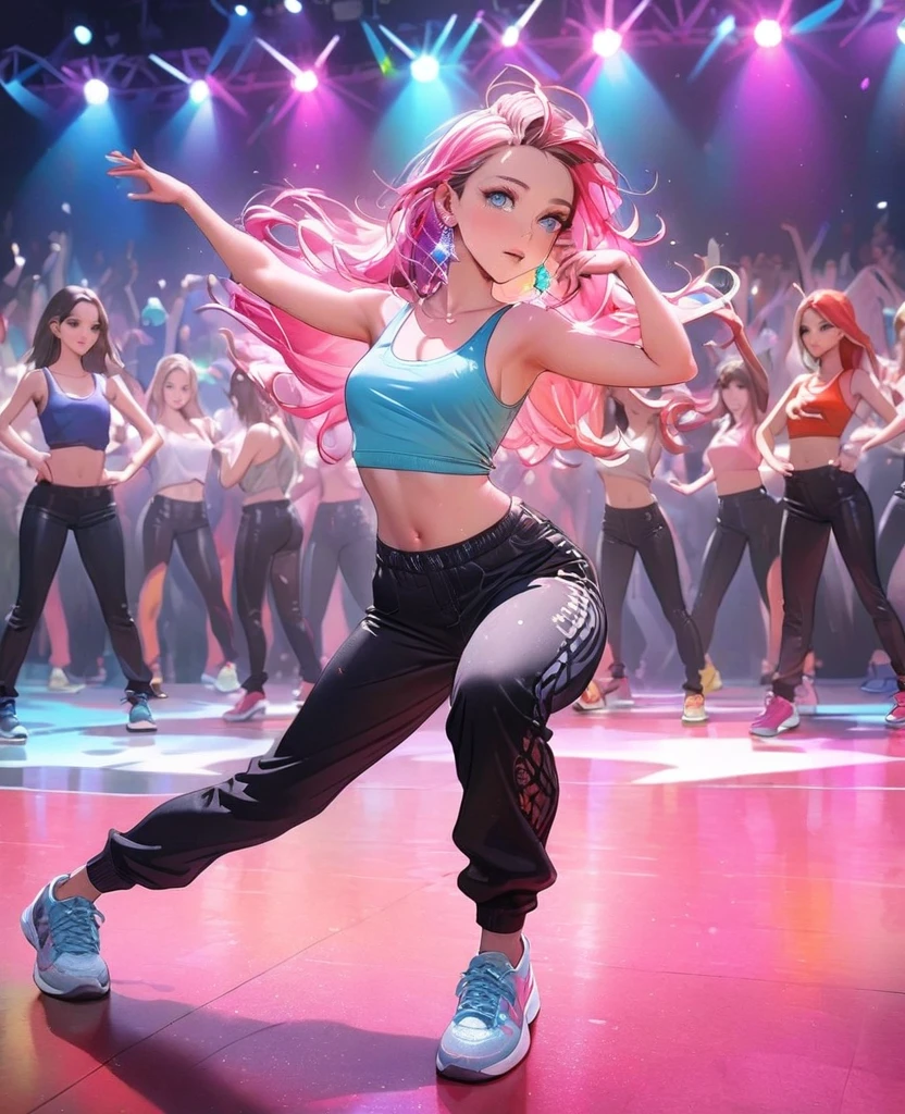 8K,gal，an extremely delicate and beautiful,Beautiful and realistic skin,Shiny jewel-like earrings,Long colorful hair,beautiful eyes,full body,head to toe,beautiful regs,skiny pants,tank top,hip hop dance