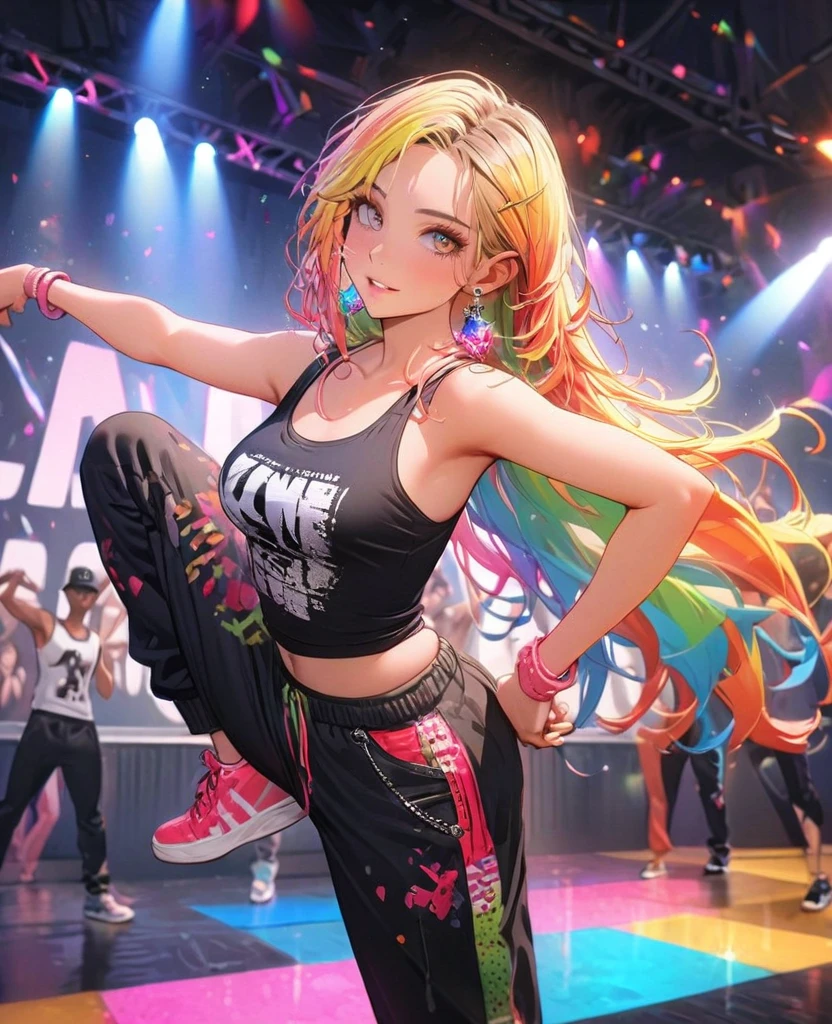 8K,gal，an extremely delicate and beautiful,Beautiful and realistic skin,Shiny jewel-like earrings,Long colorful hair,beautiful eyes,full body,head to toe,beautiful regs,skiny pants,tank top,hip hop dance