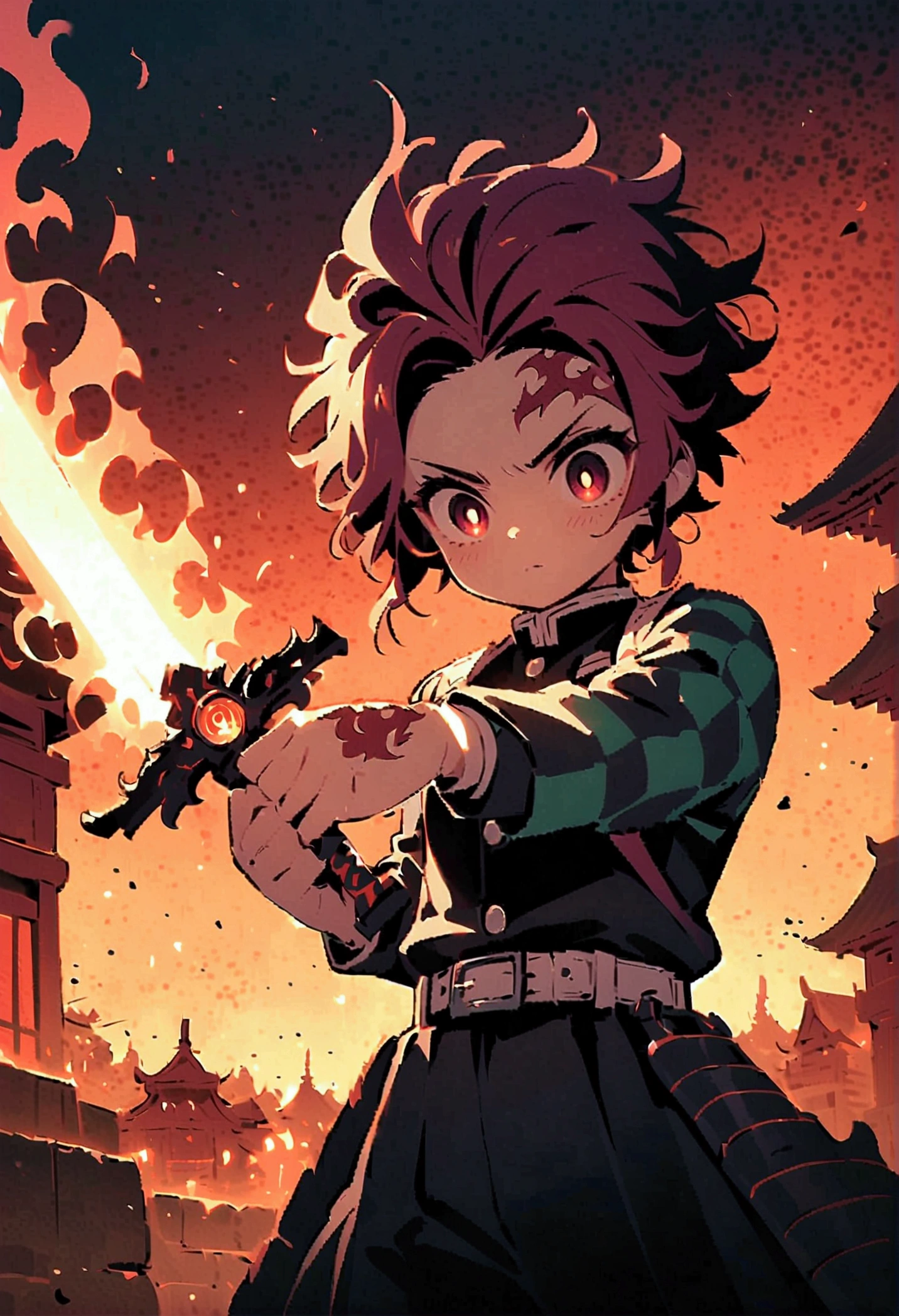 tanjiro kamado, Demon Slayer Anime, Focus of weapons，Bright redhead, Glowing red eyeballs，Intricate tattoos，(With a flaming sword in hand:1.5)，Elements of danger and tension，Checkered clothing, Demon Slayer uniform, Black trousers, Finding, fire, explode, Dynamic pose, Temple, vision