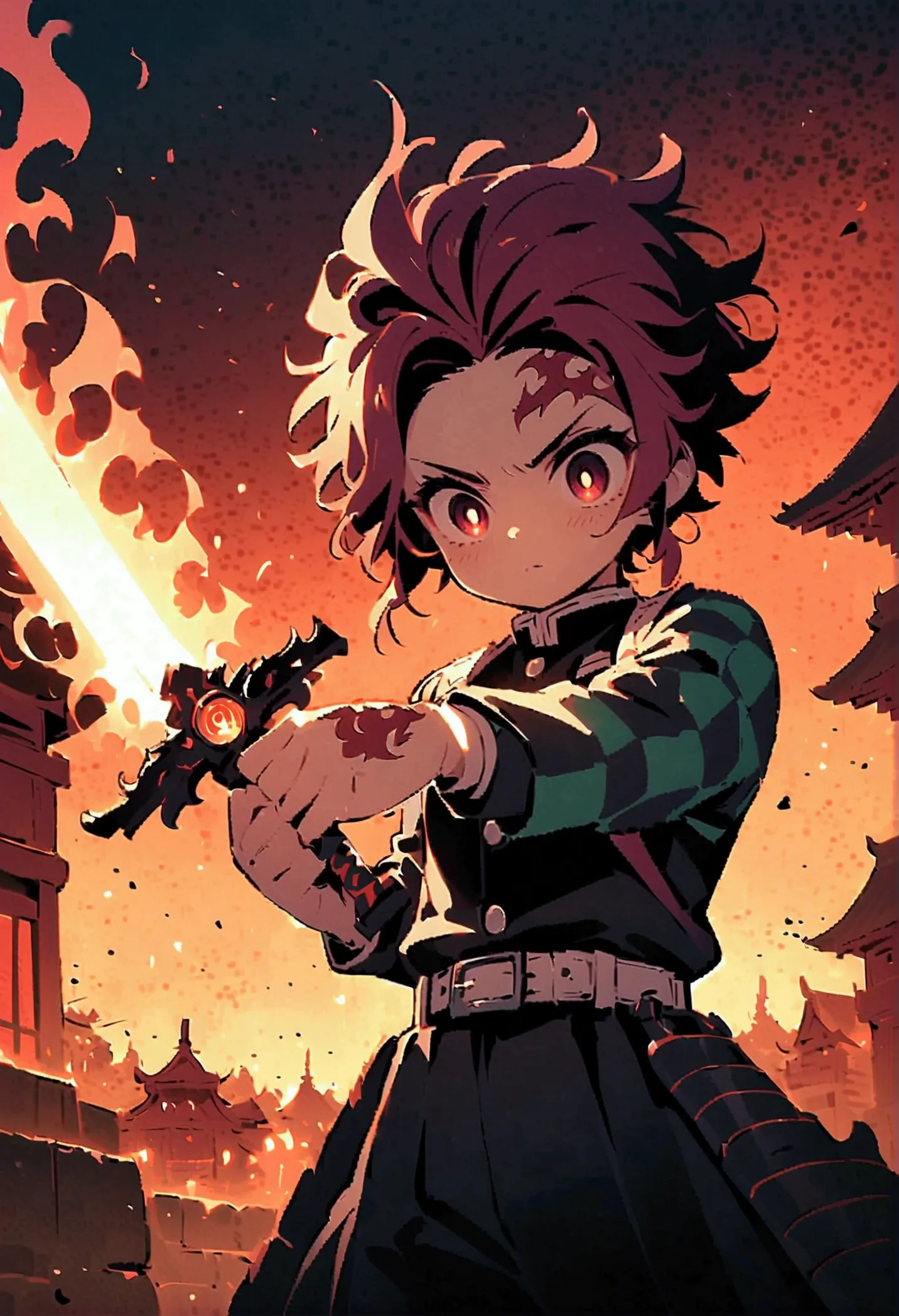 tanjiro kamado, Demon Slayer Anime, Focus of weapons，Bright redhead, Glowing red eyeballs，Intricate tattoos，(With a flaming swor...