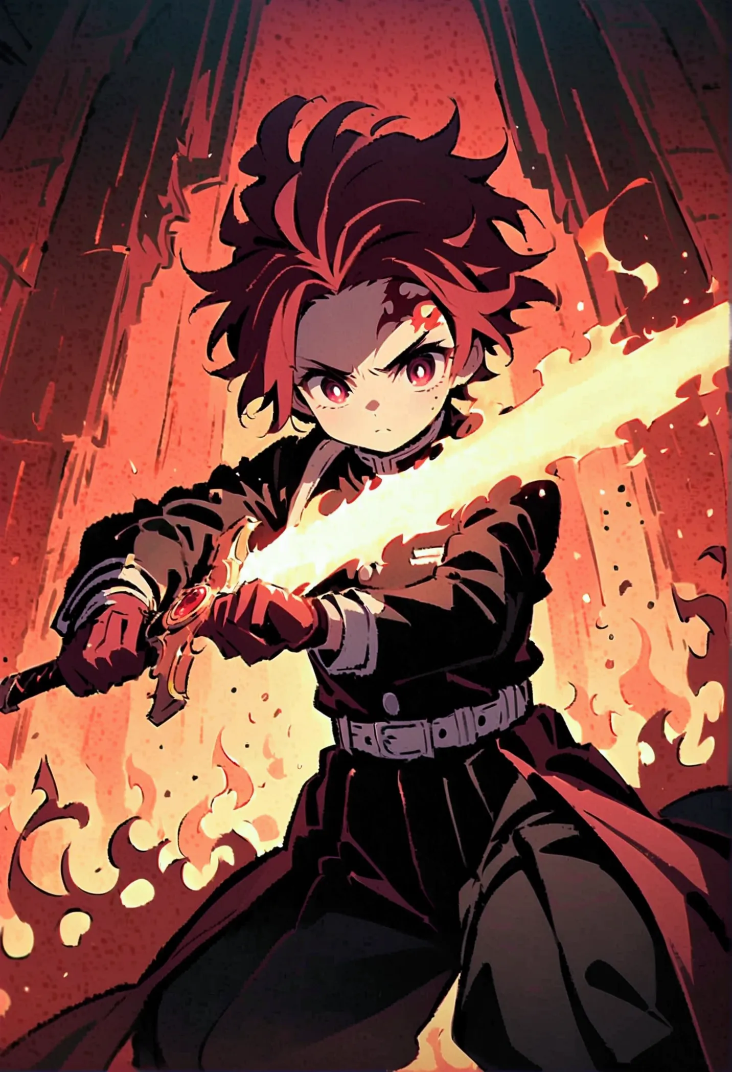 tanjiro kamado, Demon Slayer Anime, Focus of weapons，Bright redhead, Glowing red eyeballs，Intricate tattoos，(With a flaming swor...