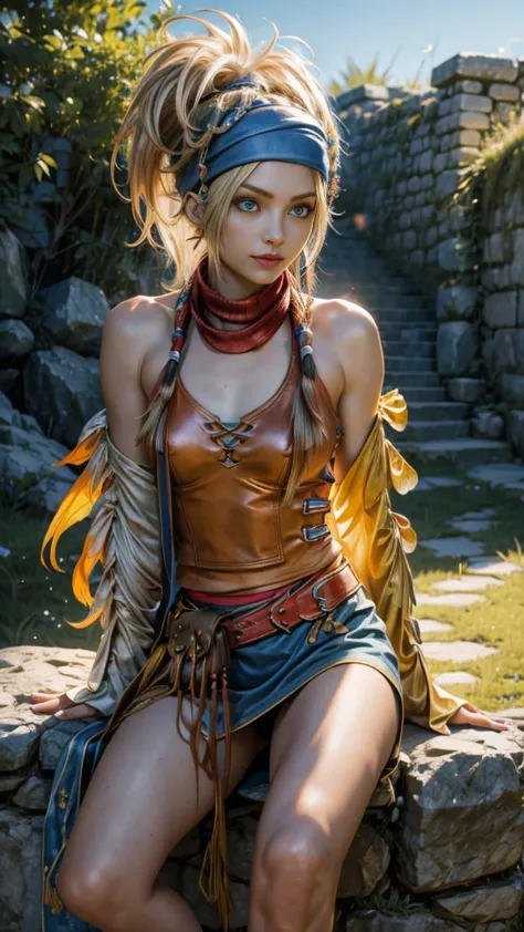 Rikku, the vibrant and lively Vygasian heroine from Final Fantasy X-2, is depicted in this stunning image. She sits confidently ...