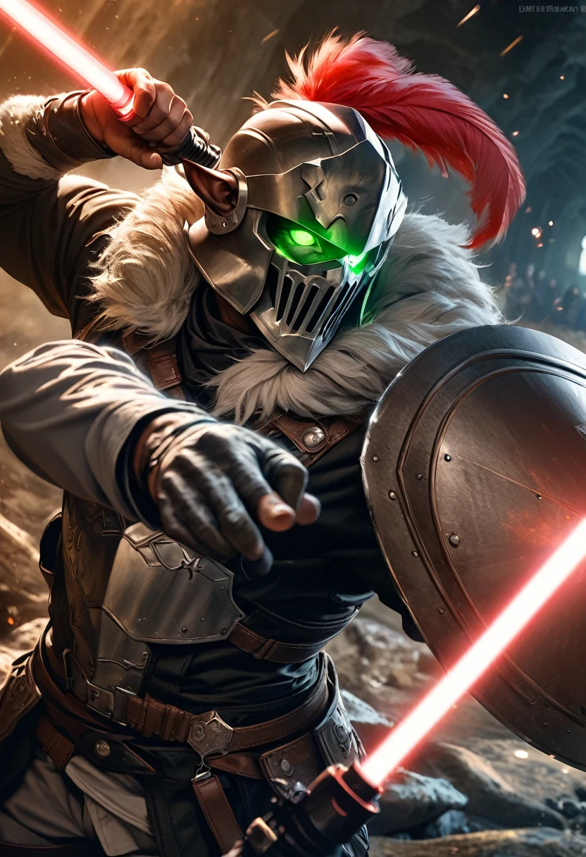 perfect hands, perfect finger,perfect anatomy, masterpiece, best quality,realistic, hyperrealistic, 16k hdr,1 muscular man,,goblin slayer, armor, helmet, green glowing eye, plume, fur collar, (Lightsabers,shield:1.4),fantasy world,outdoor,fighting pose,dynamic pose,upper body,dynamic angle