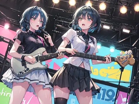 two girls,guitar and vocals,black mini skirt,short cut and ponytail,music stage,singing passionately