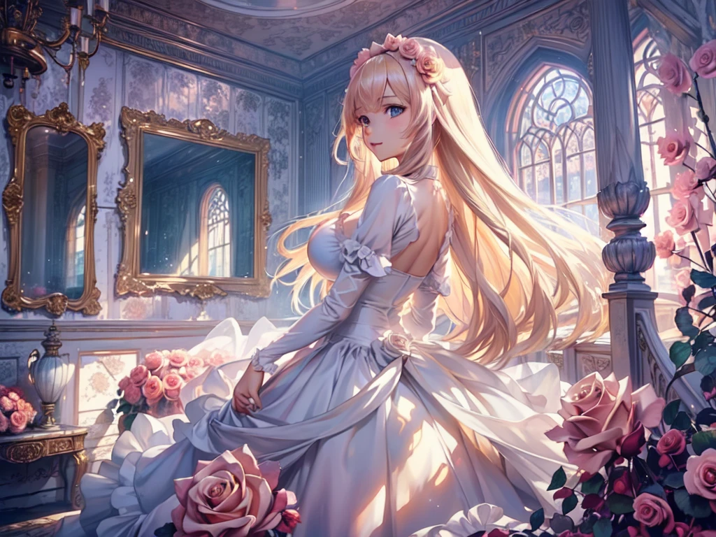 ,Super détaillé,Belle attention aux détails,Fille avec de beaux yeux, tout le monde, Belles filles d&#39;anime, jolie fille animée,  Style animé, Couleurs élégantes, éclairage doux, Yeux mouillés délicats et beaux, très coquet, (beaux gros seins:1.2), (Le bon geste:1.2)(la plus haute qualité)), ((chef-d&#39;œuvre)), ((Super détaillé)), (Très délicat et beau),(Art fractal de roses:1.5),Belle fille, grains fins,Fille abstraite et mystérieuse, longs cheveux blonds,Robe rose, Des tourbillons de rêve de couleurs pastel et de lumière douce, Évoque un sentiment de sérénité sereine et de beauté insaisissable,Attention au détail,Sourire captivant,imaginatif,Dans une chambre fleurie,tir de cow-boy、Une charmante ruelle western、architecture gothique、architecture occidentale、monde fantastique、