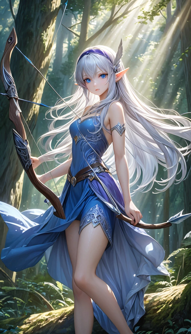 ((silver hair)), highly detailed face and eyes, (very long hair, straight hair), jewelry, purple hairband, long pointy ears, anime, masterpiece, textured skin, (super detail), award winning, (best quality), elf, in forest, Sunbeams filtering through the trees, (blue dress), whole body, beautiful legs, hunting, bow and arrow, eyeball, tsurime, blue eyes