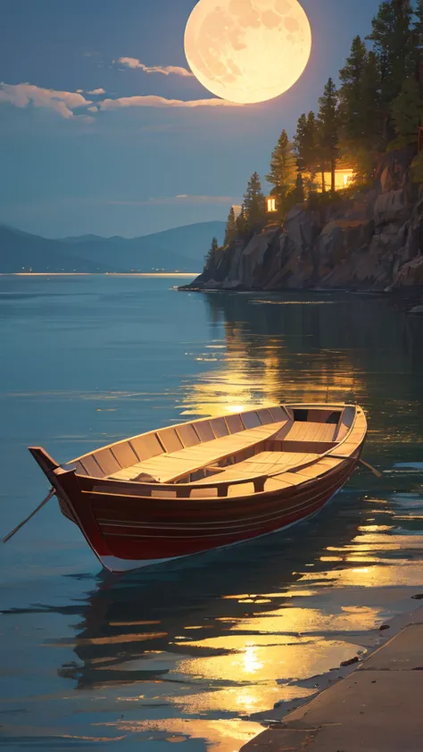 "Create a serene scene featuring a boat gently drifting on a calm sea, illuminated by the soft, glowing light of a full moon ref...