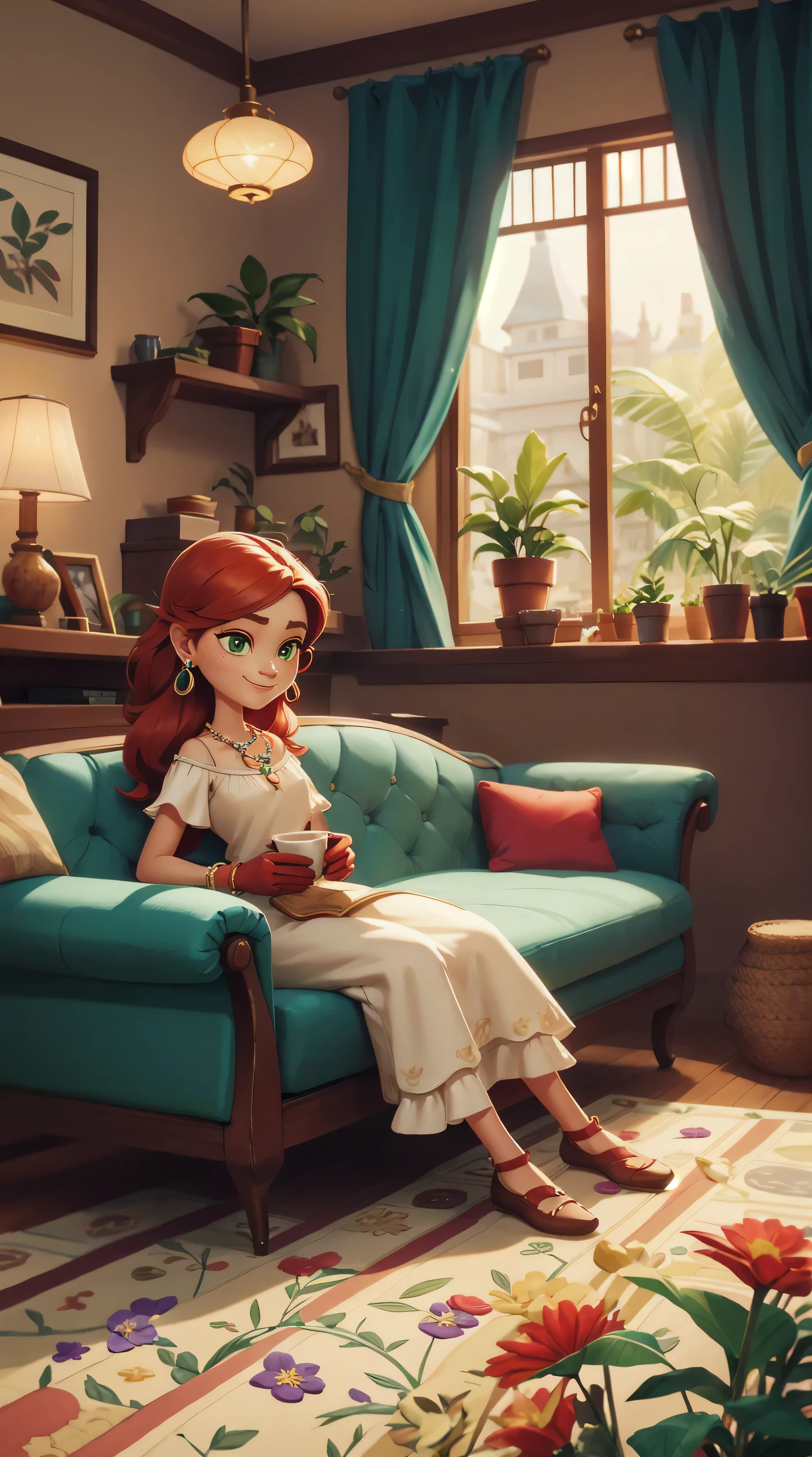 Concept Art,character illustration of a,European and American cartoons,（whole body：1.5），Mid-Long View，carpet，（Looking at the camera），shoe，A 20-year-old blonde girl happily sits in the living room，Holding a Cup of coffee，happy，A laid-back expression，Relax，Leisure，European and American cartoons，1 Girl,freckle,Solitary,Jewelry,Green Eyes,Weaving,earrings,twin Weavings,necklace,Looking at the audience,Red hair,plant,Puff sleeves,bracelet,Smile,Long hair,puffy short sleeve,Necklace,dress,flower,Coffee Cup,Gloves,earrings,Jewelry,Elbow Gloves,Cup,sit,sofa,window,sofa，living room，独奏,Looking at the camera，Look at the audience，